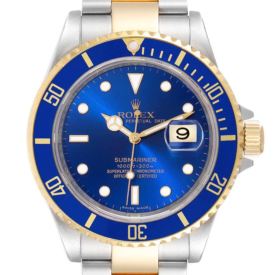 1991 Men's Rolex 40mm Submariner Oyster Perpetual Two Tone 18K Yellow Gold / Stainless Steel Watch with Blue Dial and Blue Bezel. (Pre-Owned 16613)