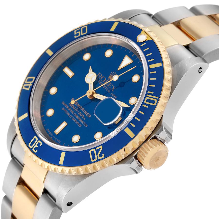 2006 Men's Rolex 40mm Submariner Oyster Perpetual Two Tone 18K Yellow Gold / Stainless Steel Wristwatch with Blue Dial & Blue Bezel. (Pre-Owned 16613)