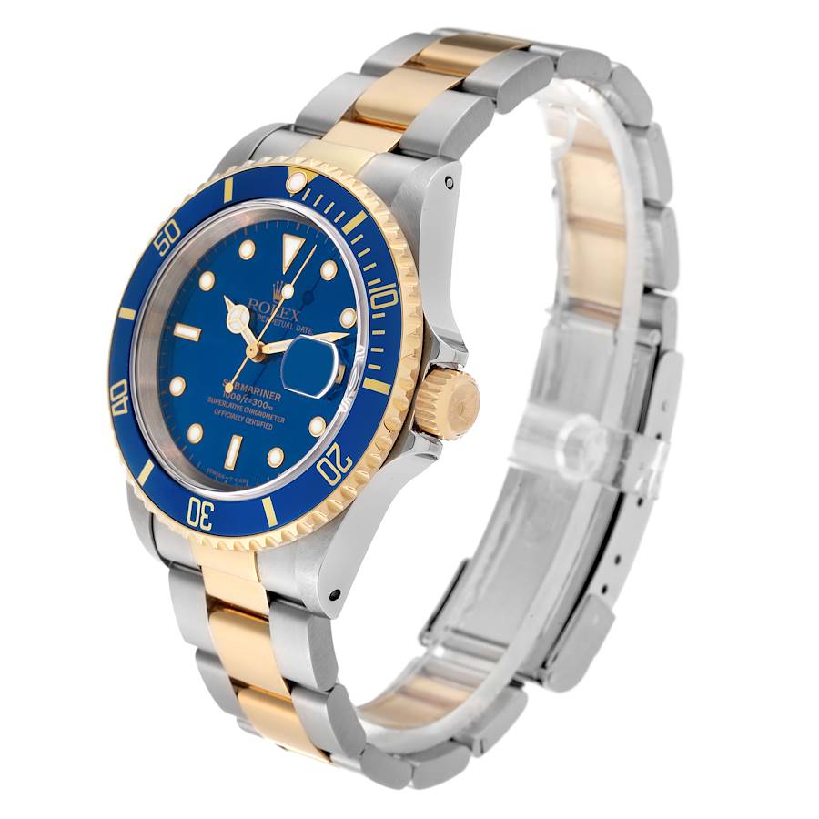 2006 Men's Rolex 40mm Submariner Oyster Perpetual Two Tone 18K Yellow Gold / Stainless Steel Watch with Blue Dial and Blue Bezel. (Pre-Owned 16613)