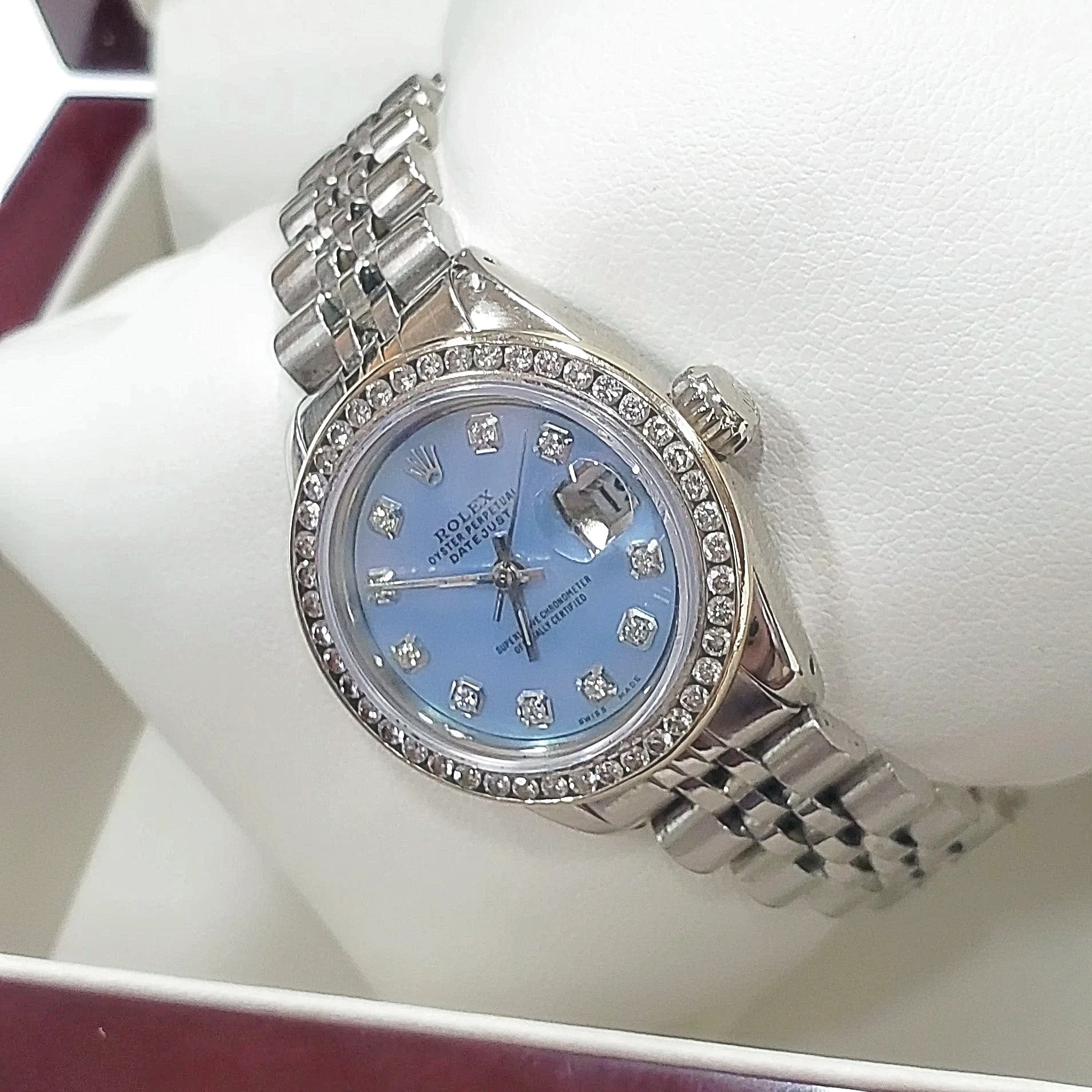 Ladies Rolex 26mm DateJust Stainless Steel Wristwatch w/ Powder Blue Diamond Dial & Diamond Bezel. (Pre-Owned)