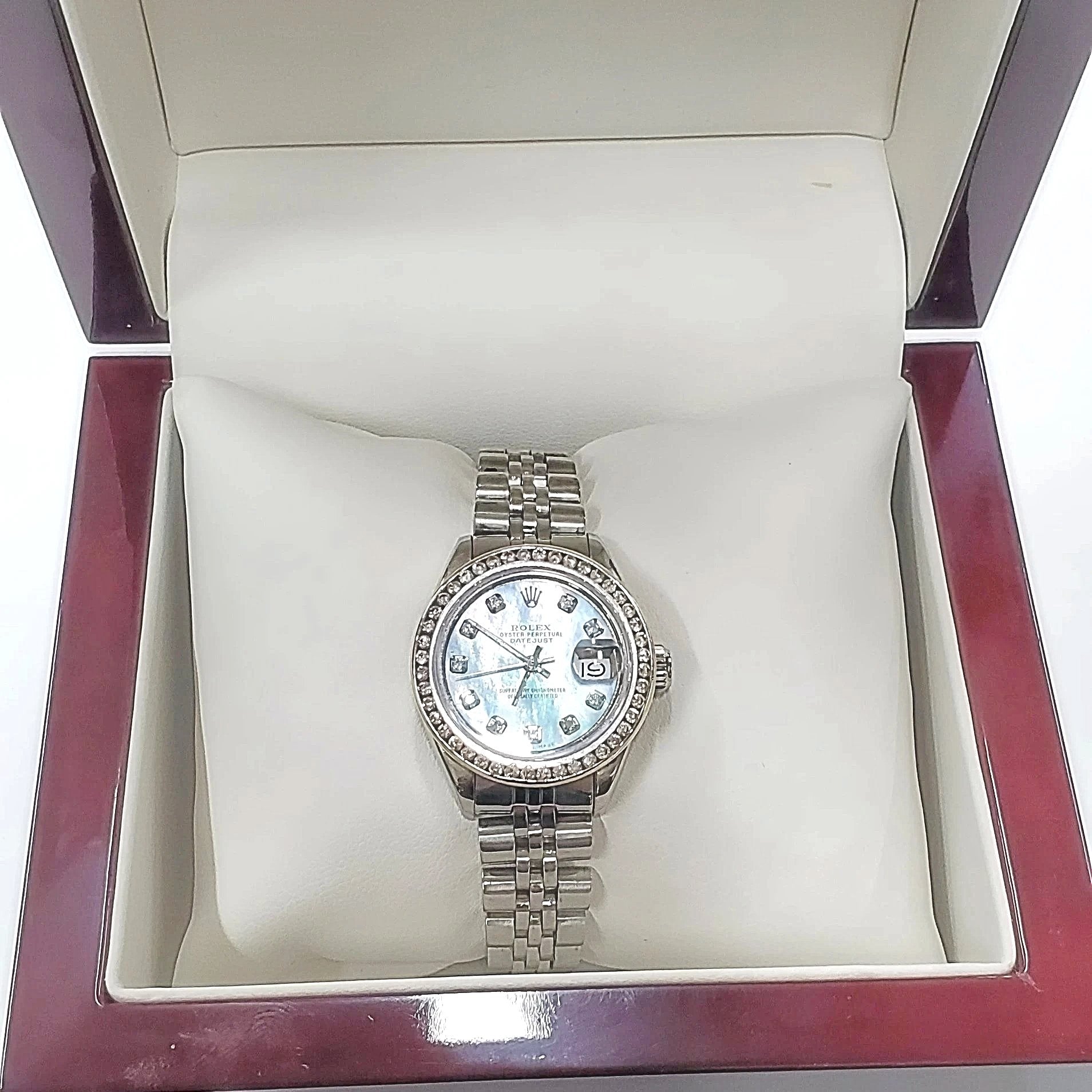 Ladies Rolex 26mm DateJust Stainless Steel Wristwatch w/ Powder Blue Diamond Dial & Diamond Bezel. (Pre-Owned)