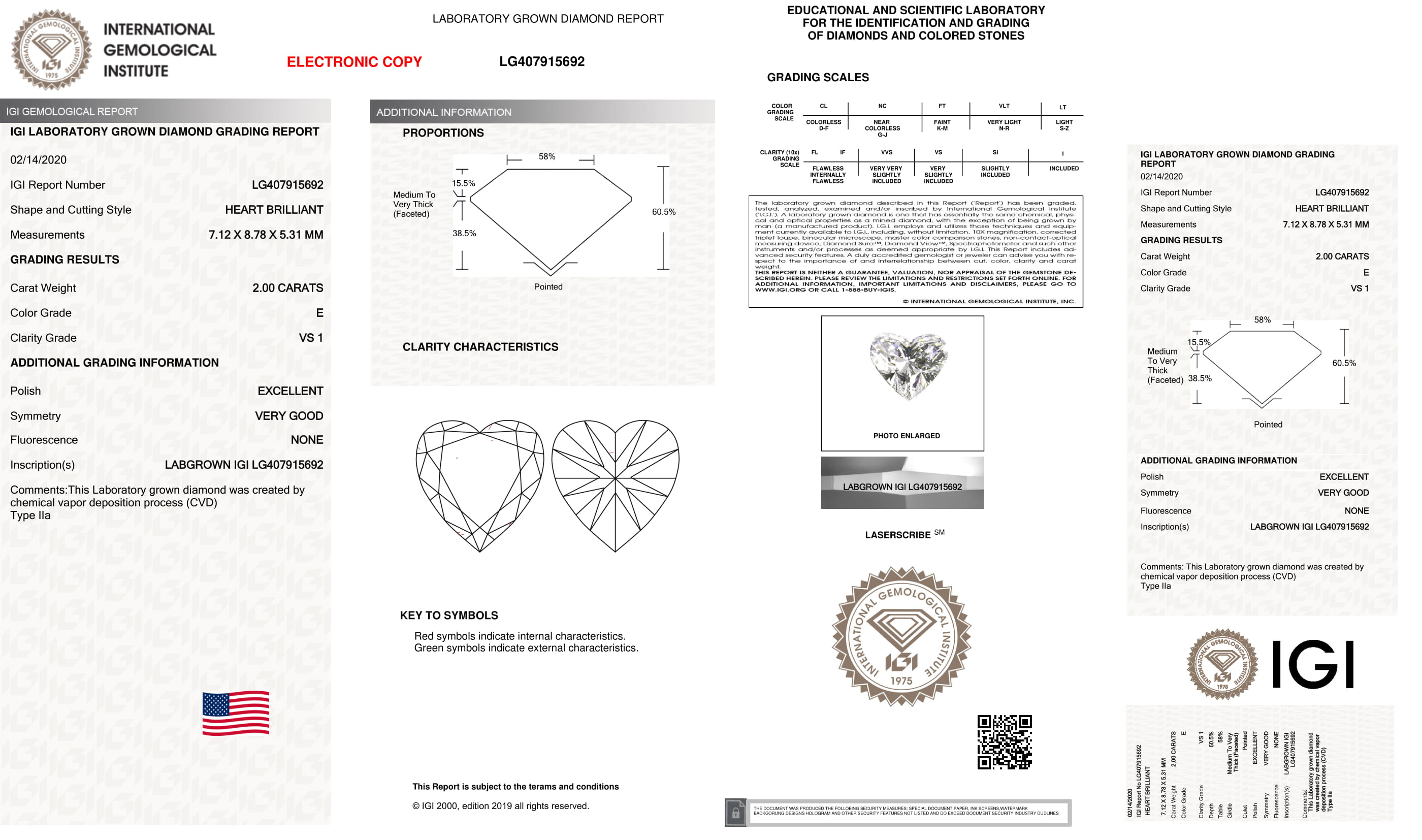 2.00 ct. Heart Wholesale IGI Certified Lab Grown Loose Diamond. (VS1 / E)