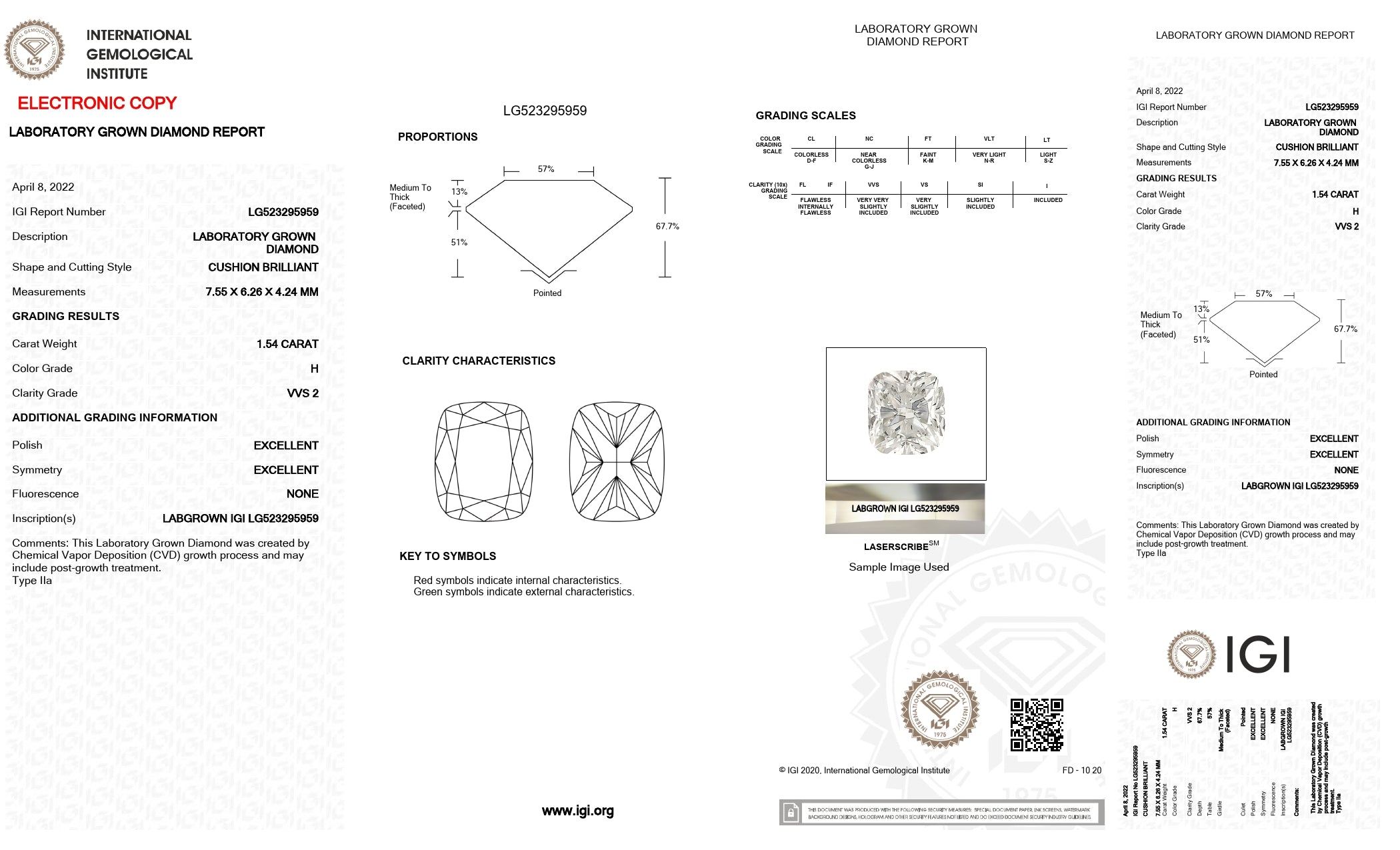 1.54 ct. Cushion Wholesale IGI Certified Lab Grown Loose Diamond. (VVS2 / H)