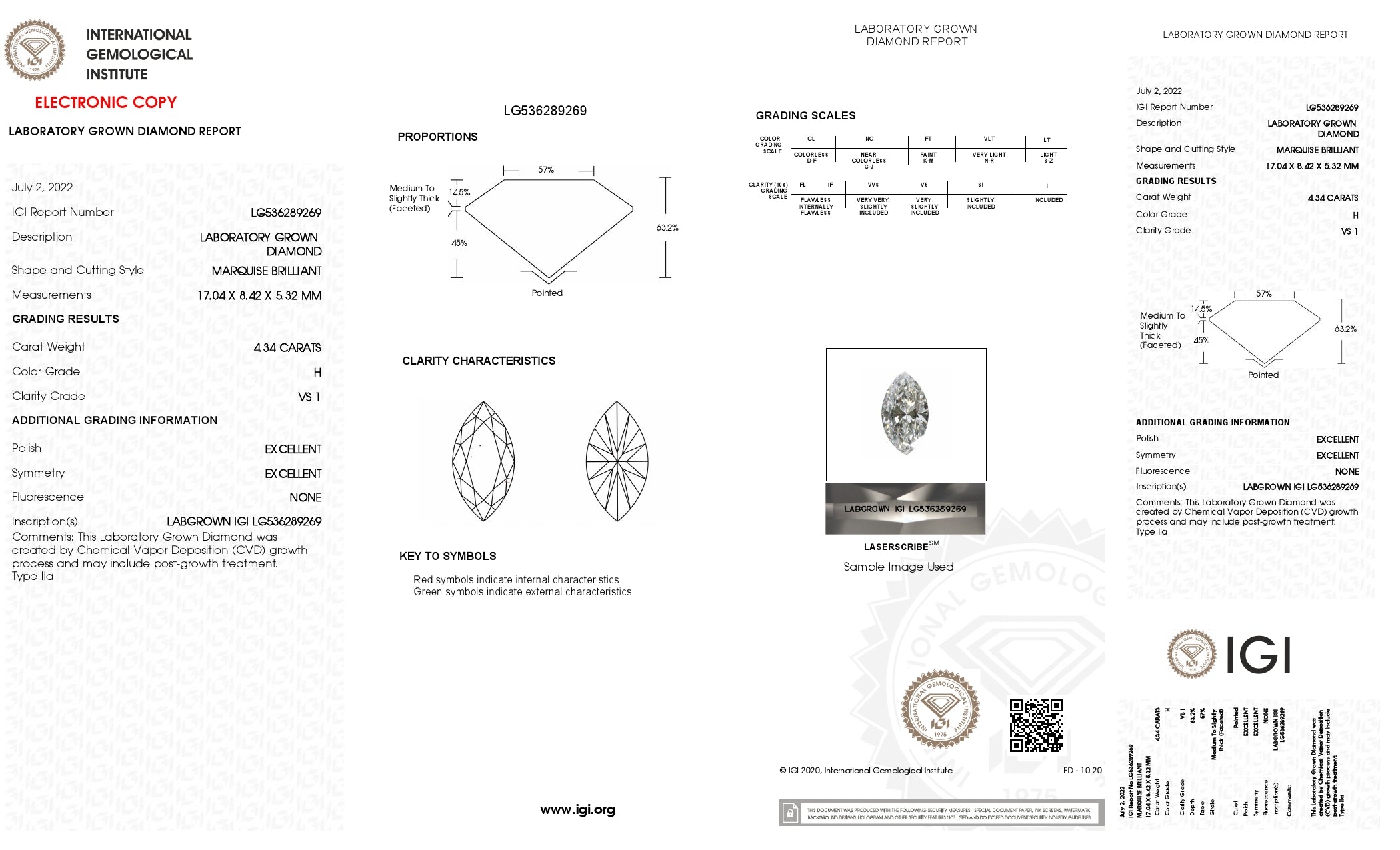 4.34 Ct. Marquise Wholesale IGI Certified Lab Grown Loose Diamond. (VS1 / H)