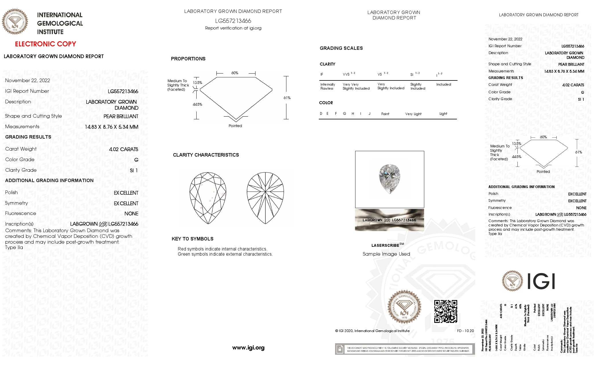 4.02 Ct. Pear Wholesale IGI Certified Lab Grown Loose Diamond. (SI1 / G)