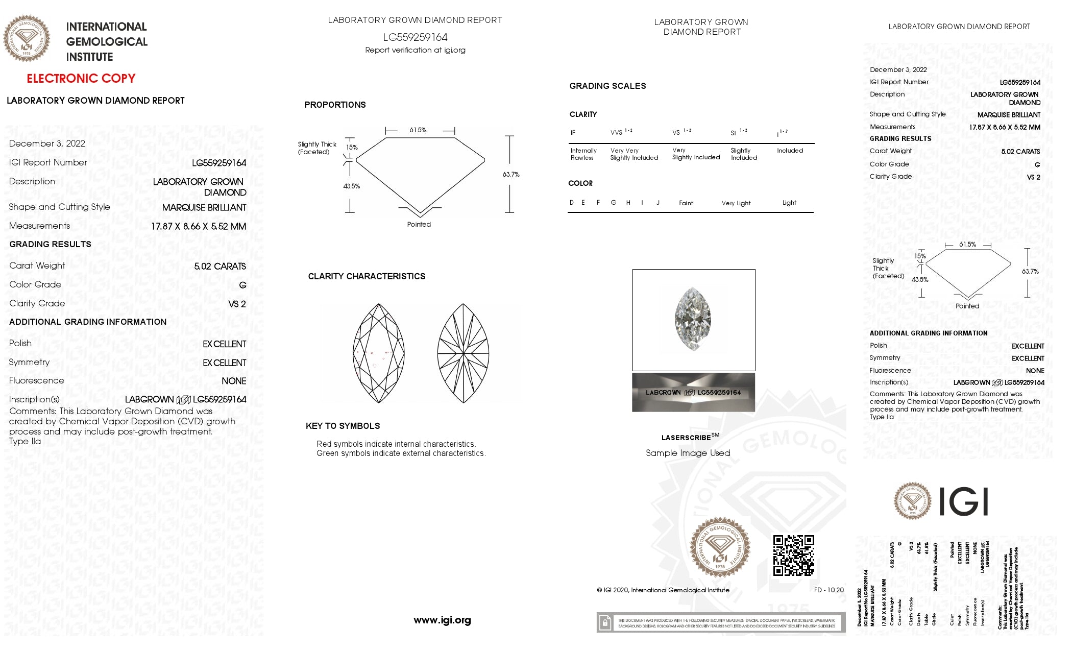 5.02 Ct. Marquise Wholesale IGI Certified Lab Grown Loose Diamond. (VS2 / G)