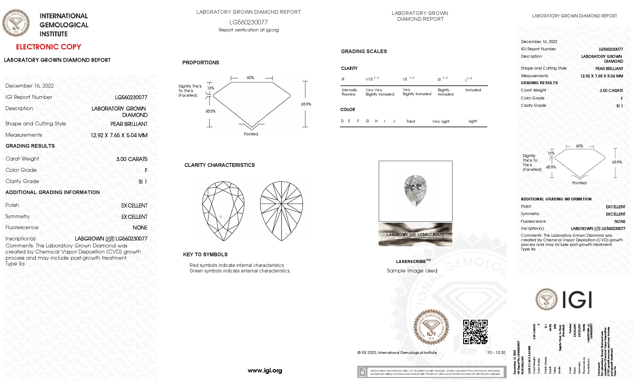 3 Ct. Pear Wholesale IGI Certified Lab Grown Loose Diamond. (SI1 / F)