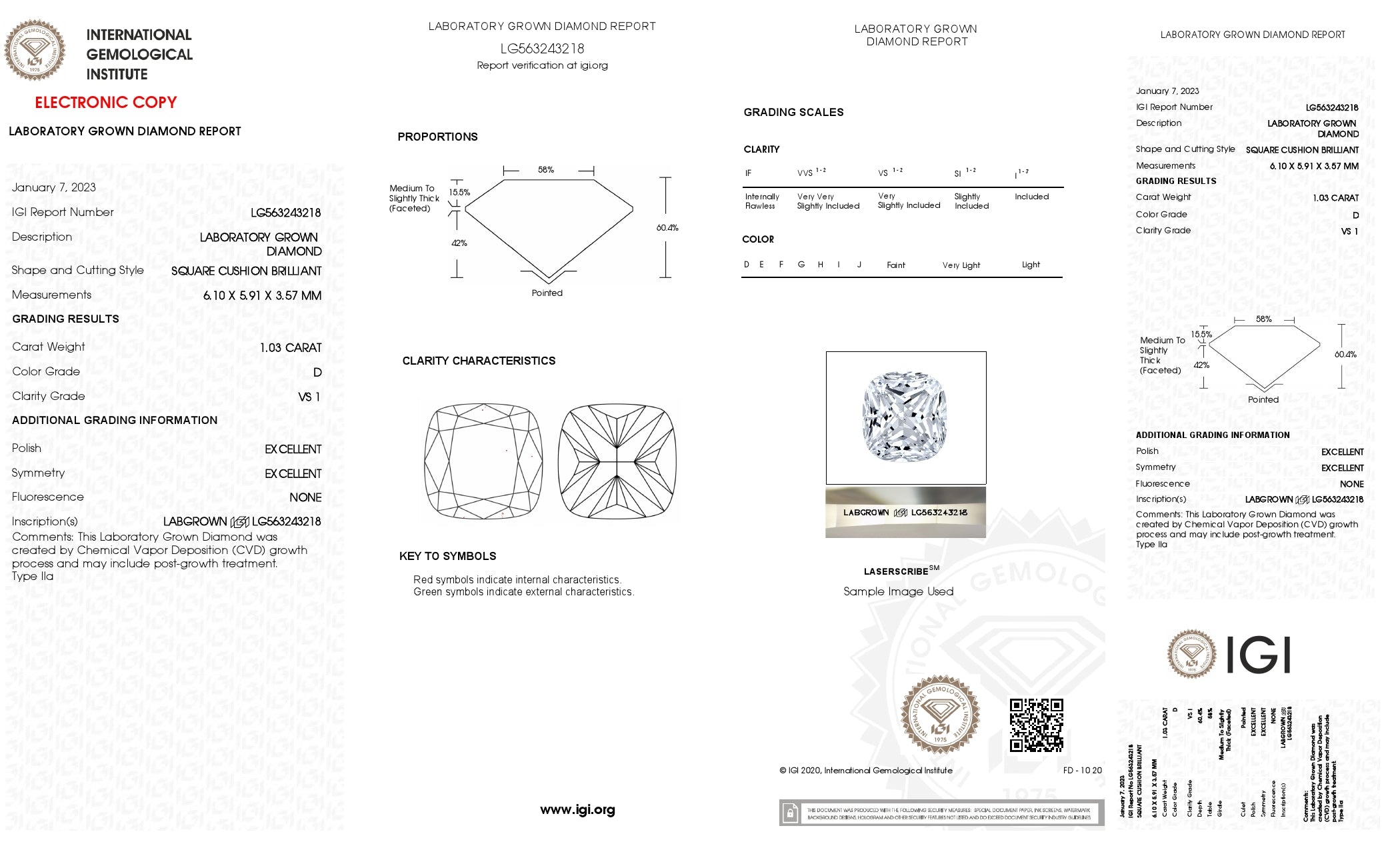 1.03 ct. Cushion Wholesale IGI Certified Lab Grown Loose Diamond. (VS1 / D)