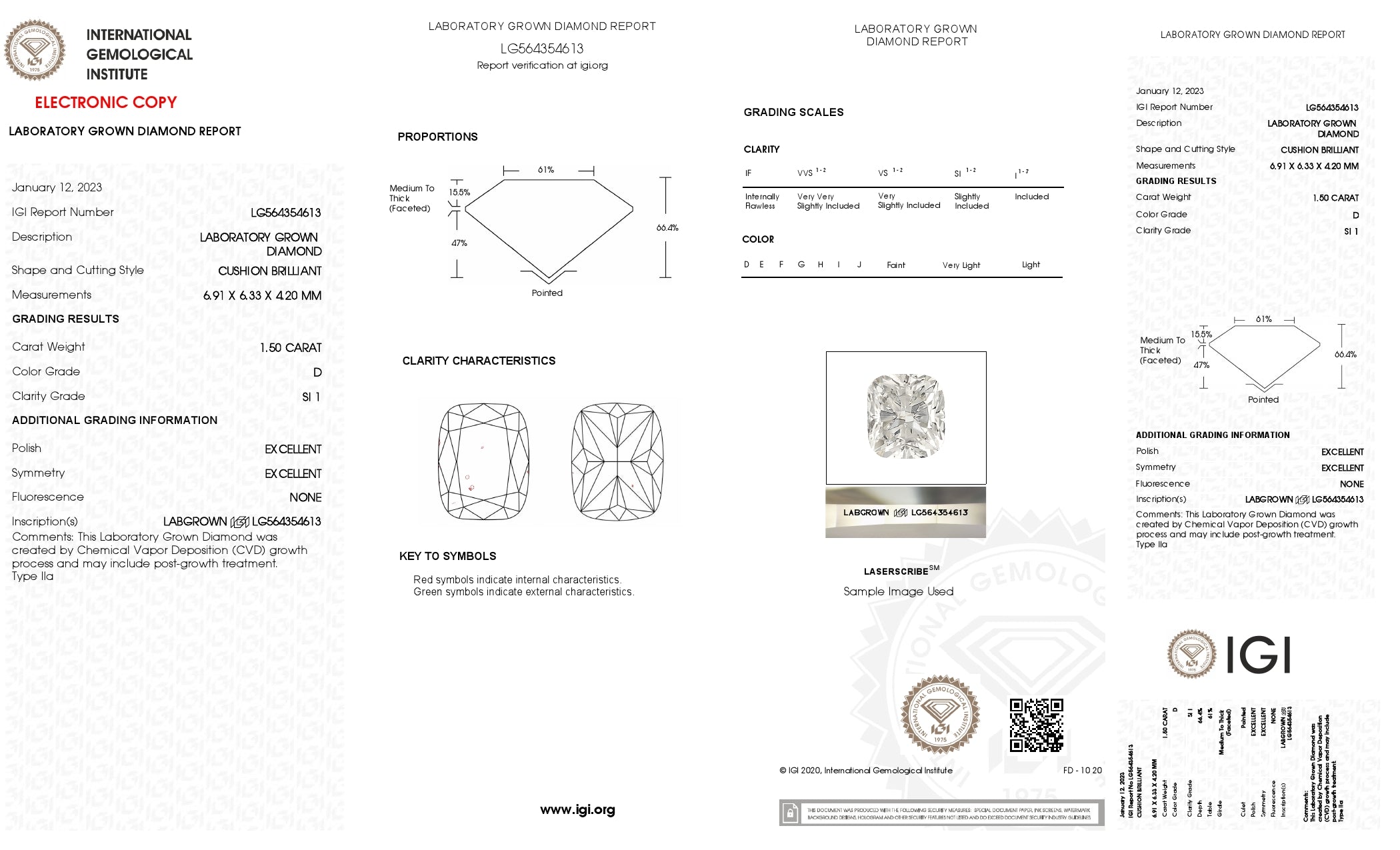 1.5 Ct. Cushion Wholesale IGI Certified Lab Grown Loose Diamond. (SI1 / D)