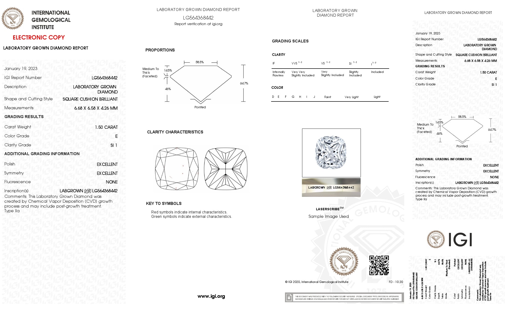 1.50 ct. Cushion Wholesale IGI Certified Lab Grown Loose Diamond. (SI1 / E)