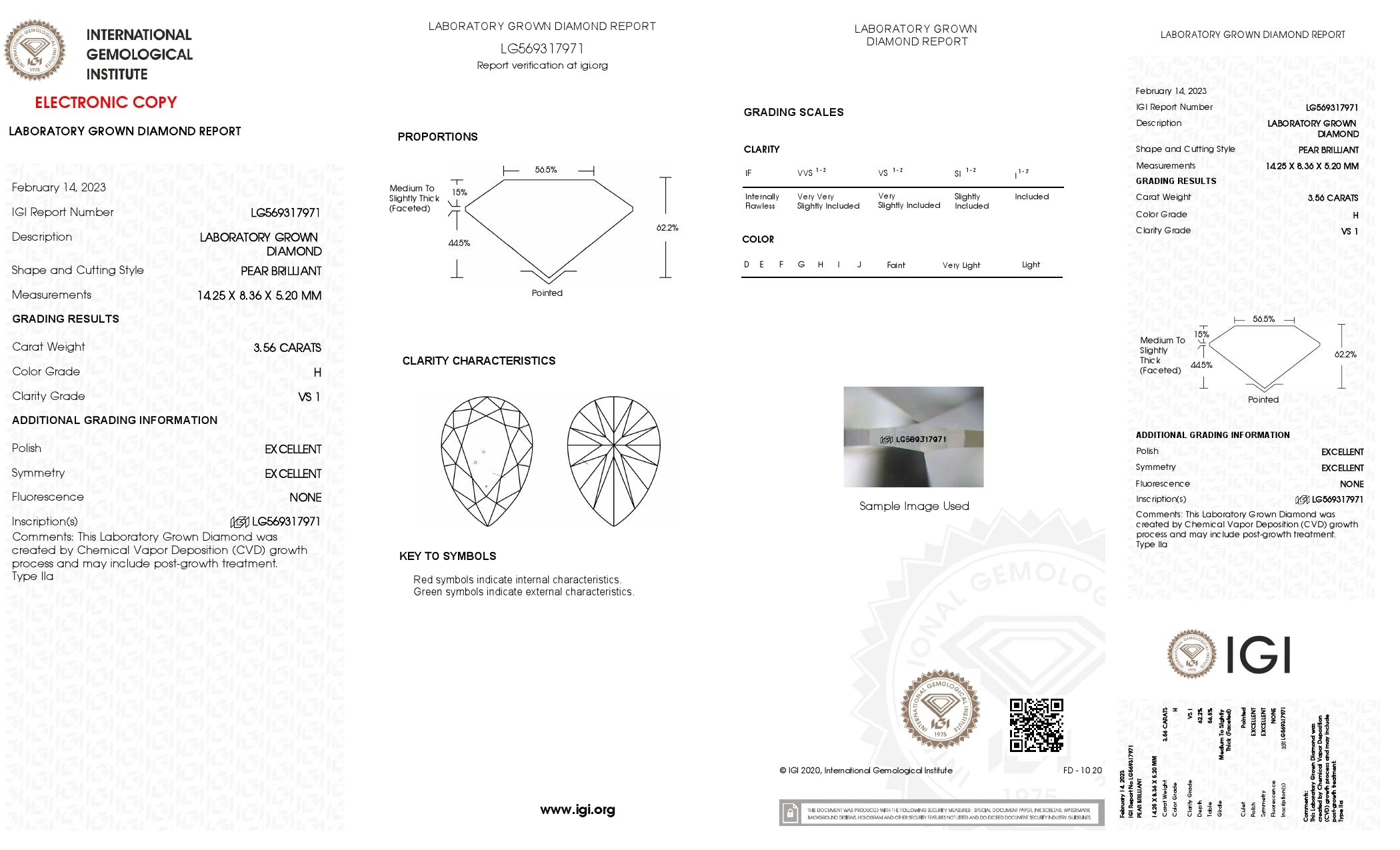 3.56 Ct. Pear Wholesale IGI Certified Lab Grown Loose Diamond. (VS1 / H)