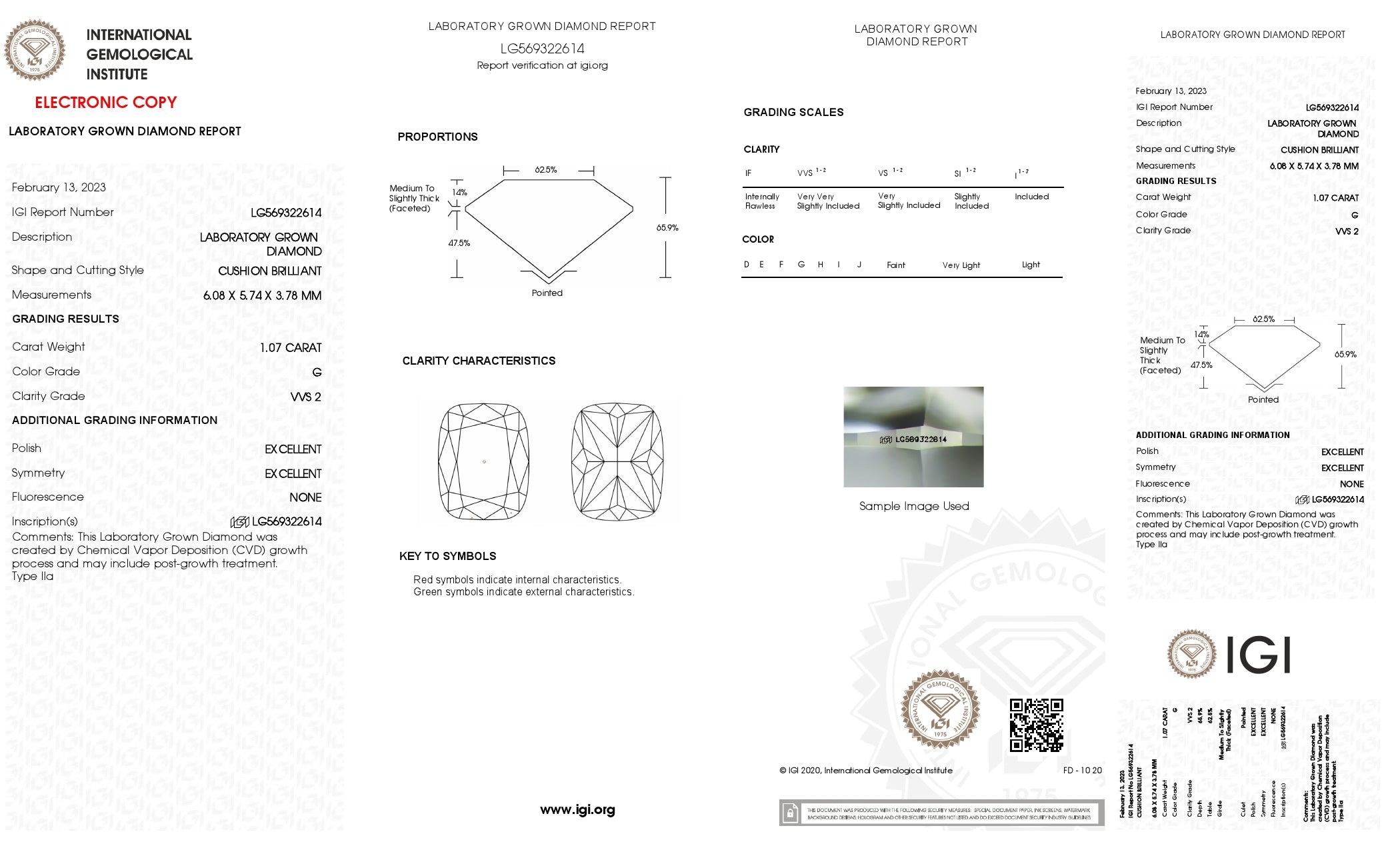 1.07 ct. Cushion Wholesale IGI Certified Lab Grown Loose Diamond. (VVS2 / G)