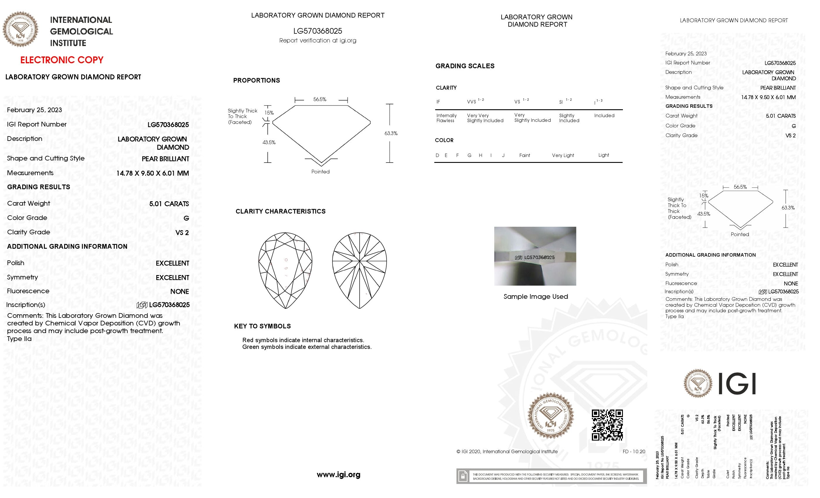 5.01 ct. Pear Wholesale IGI Certified Lab Grown Loose Diamond. (VS2 / G)