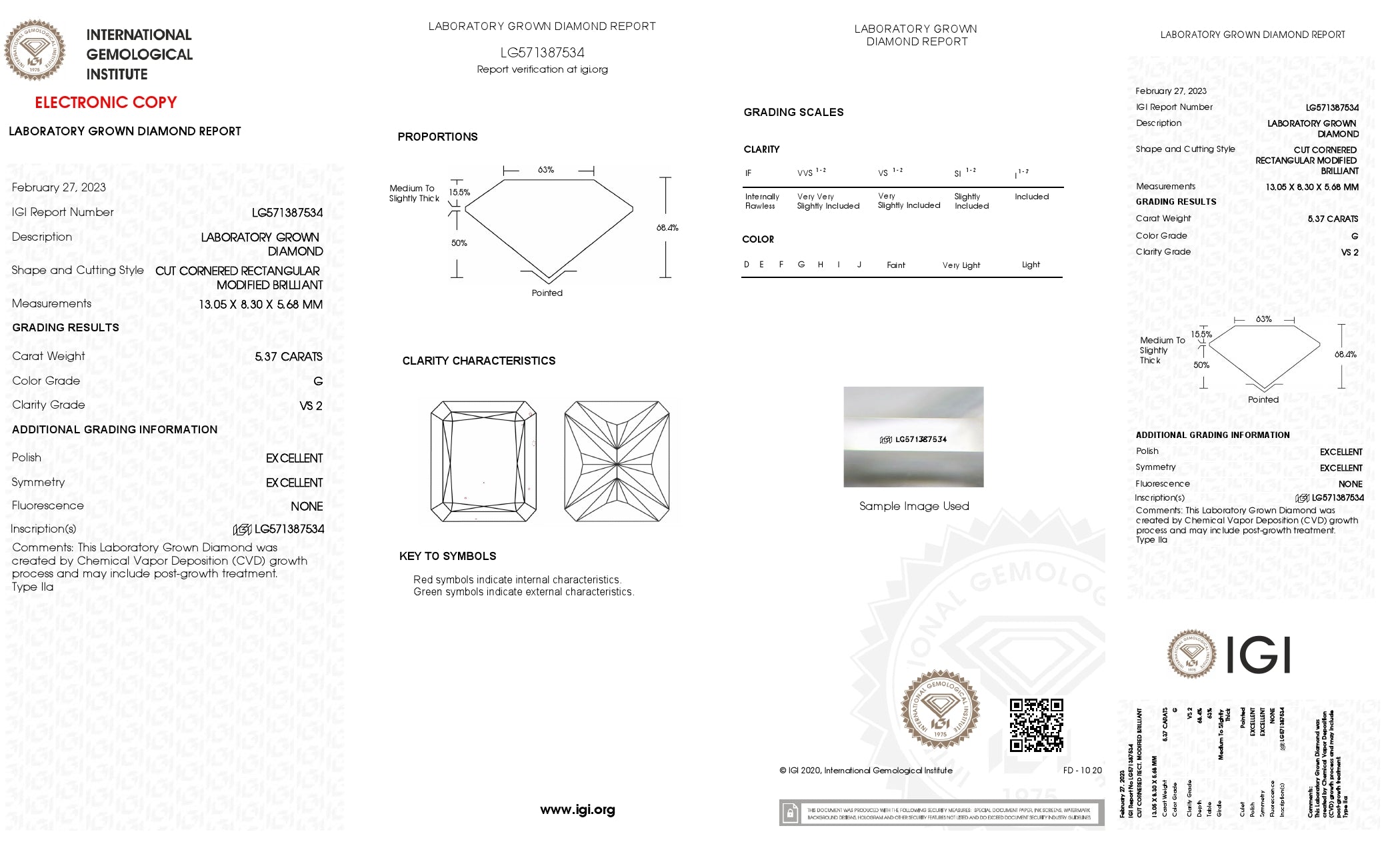 5.37 Ct. Radiant Wholesale IGI Certified Lab Grown Loose Diamond. (VS2 / G)