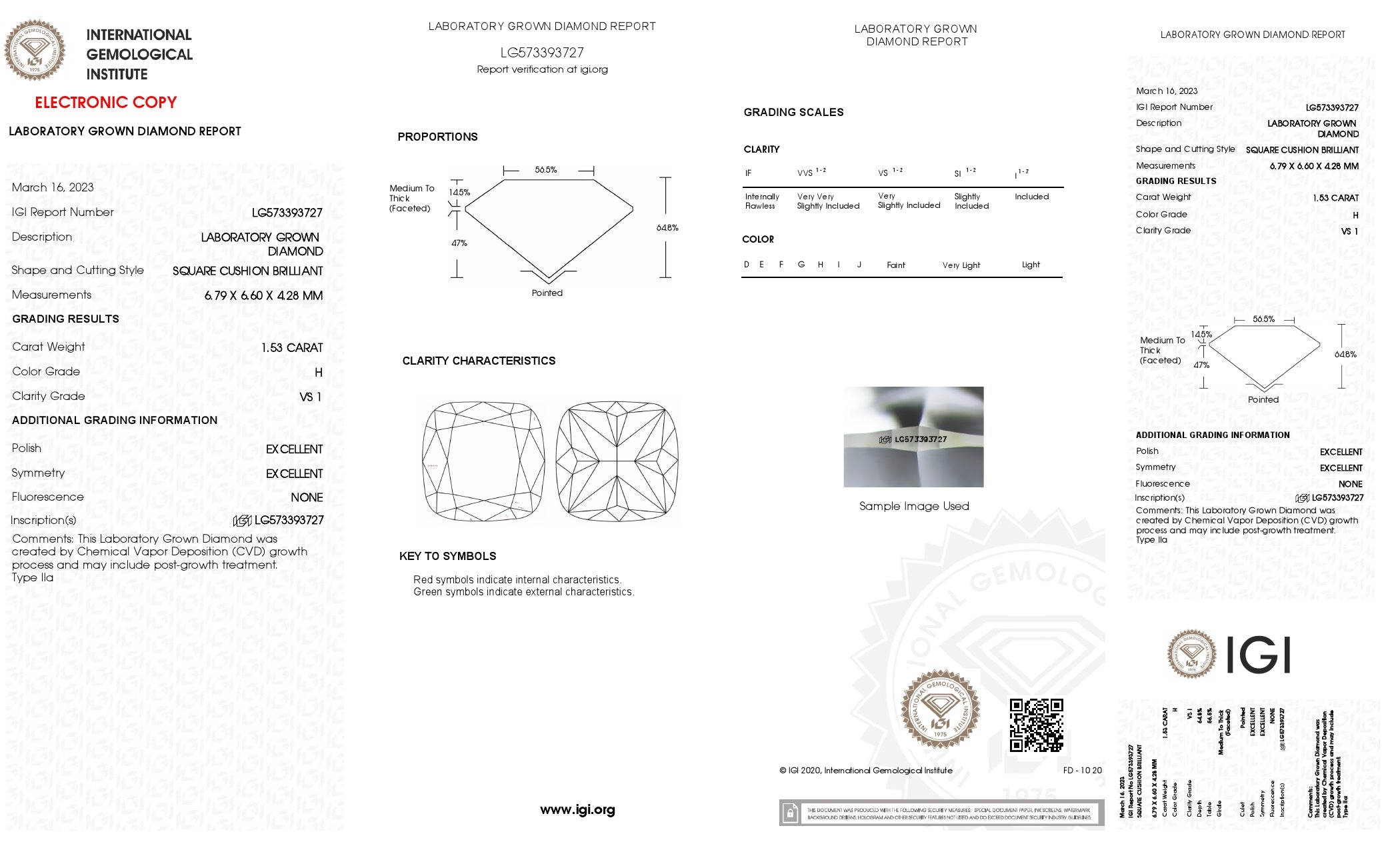 1.53 ct. Cushion Wholesale IGI Certified Lab Grown Loose Diamond. (VS1 / H)