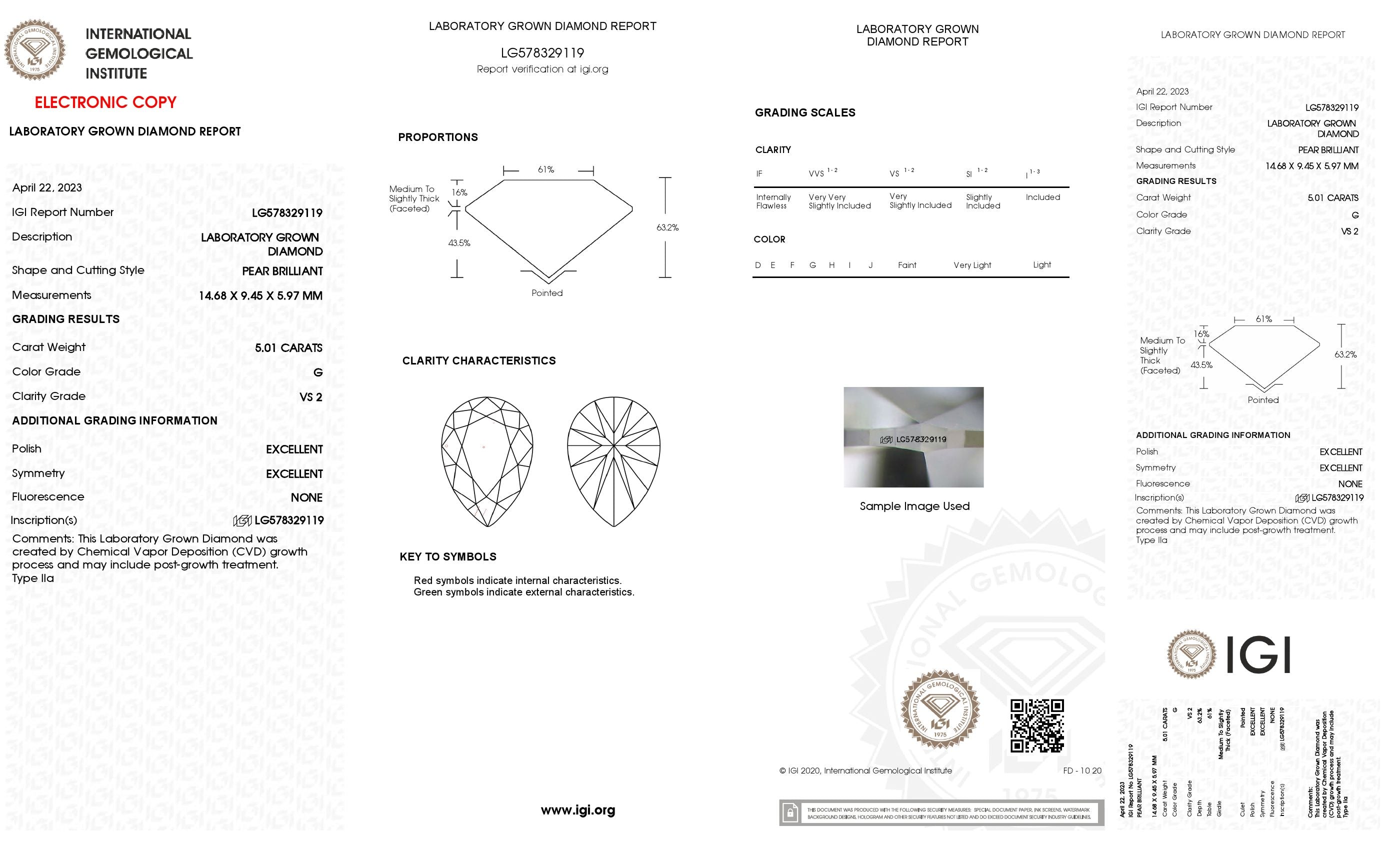 5.01 ct. Pear Wholesale IGI Certified Lab Grown Loose Diamond. (VS2 / G)