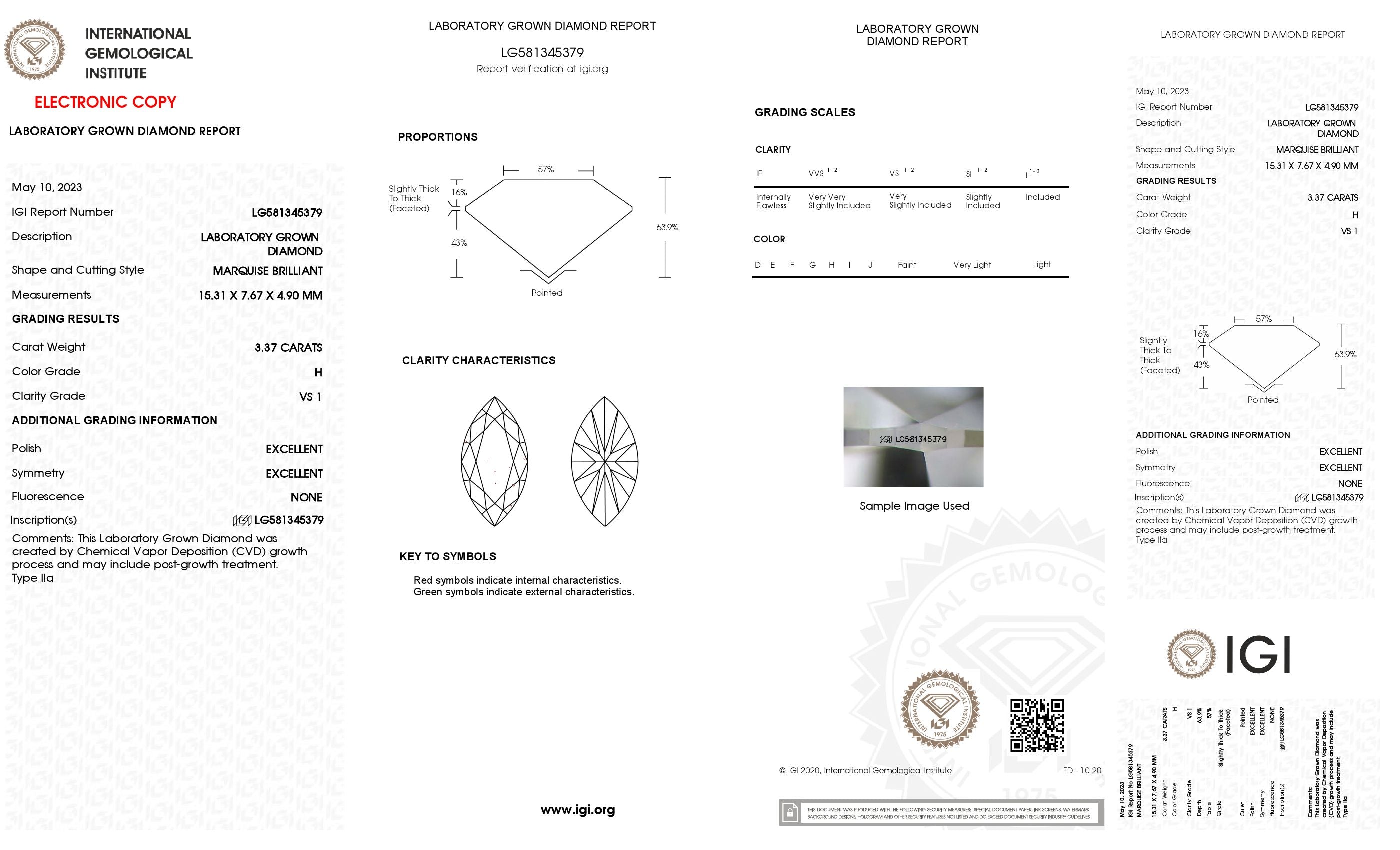 3.37 ct. Marquise Wholesale IGI Certified Lab Grown Loose Diamond. (VS1 / H)