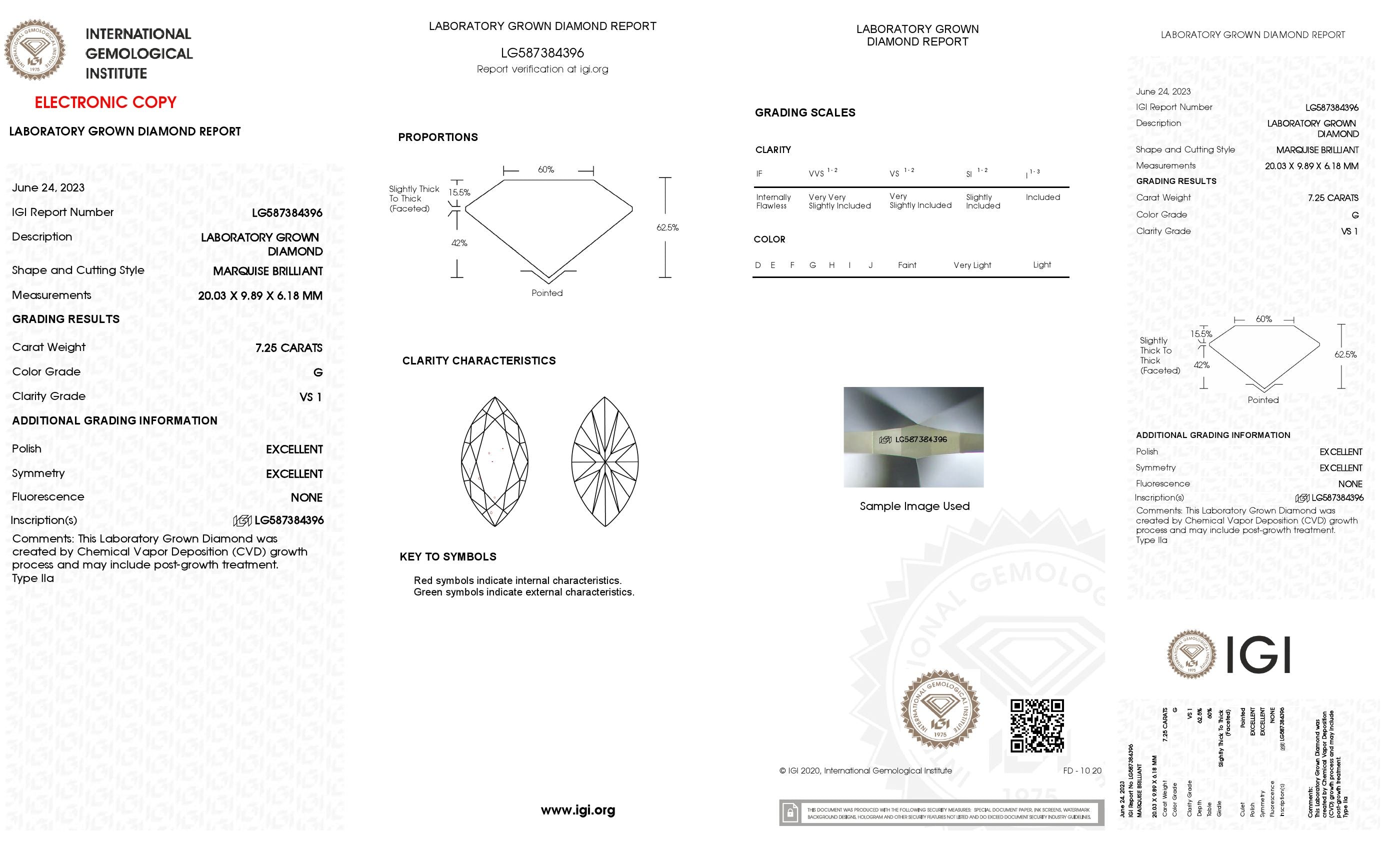 7.25 ct. Marquise Wholesale IGI Certified Lab Grown Loose Diamond. (VS1 / G)