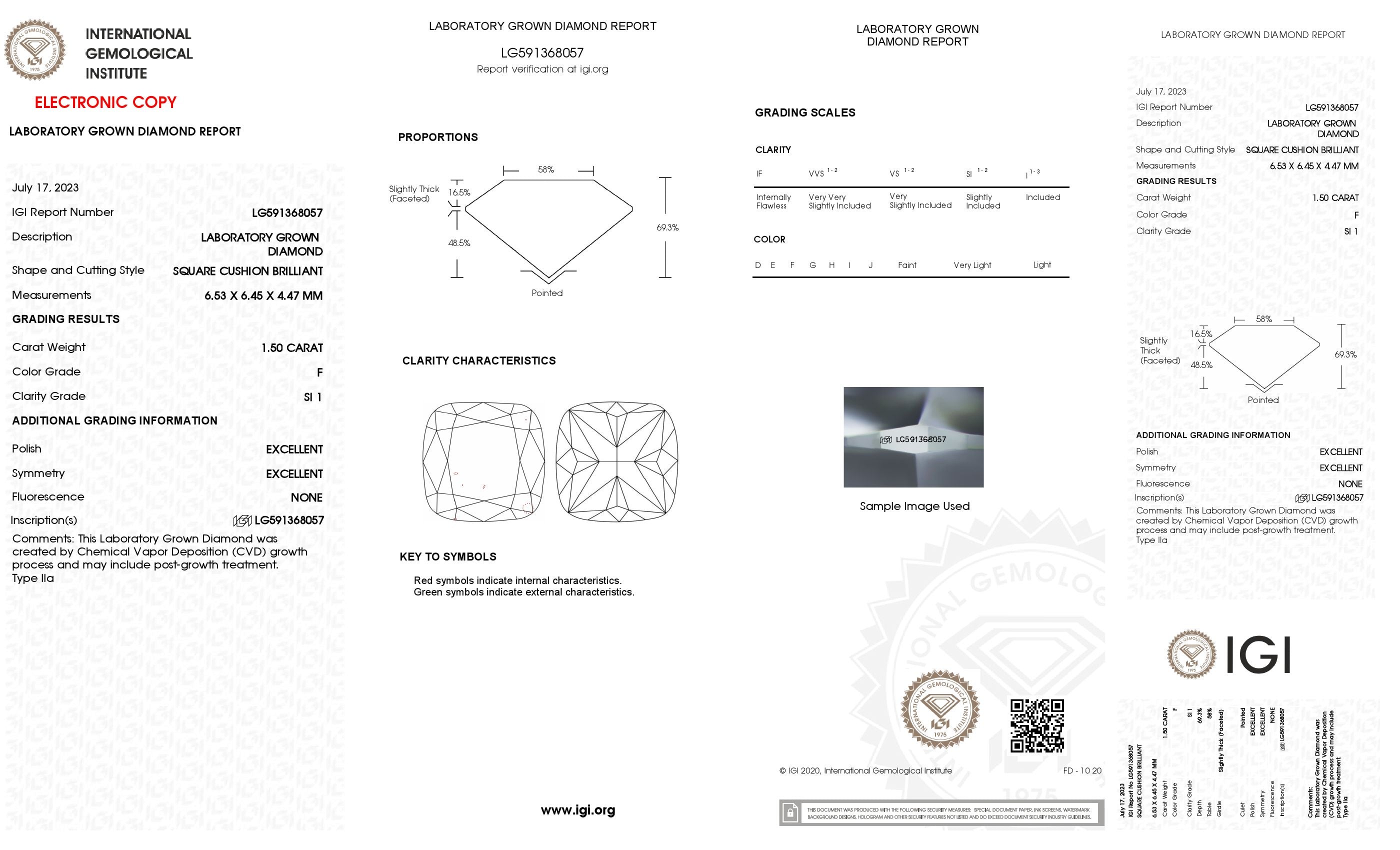 1.5 Ct. Cushion Wholesale IGI Certified Lab Grown Loose Diamond. (SI1 / F)