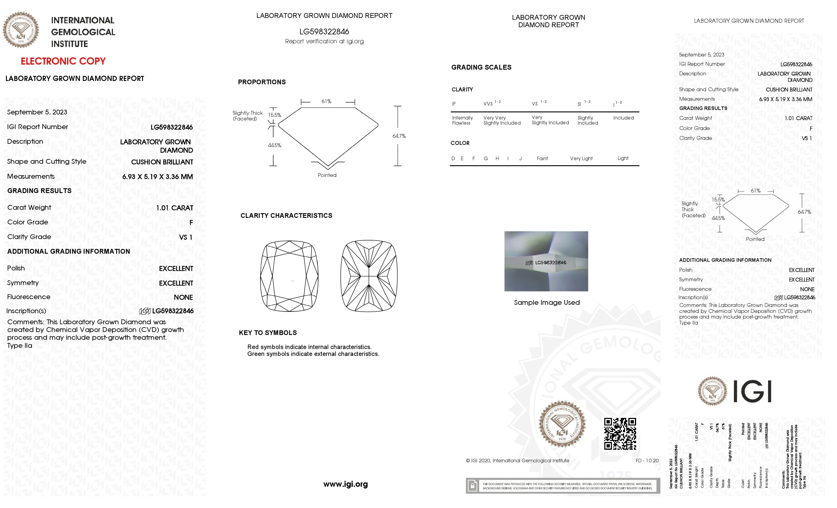 1.01 ct. Cushion Long Wholesale IGI Certified Lab Grown Loose Diamond. (VS1 / F)