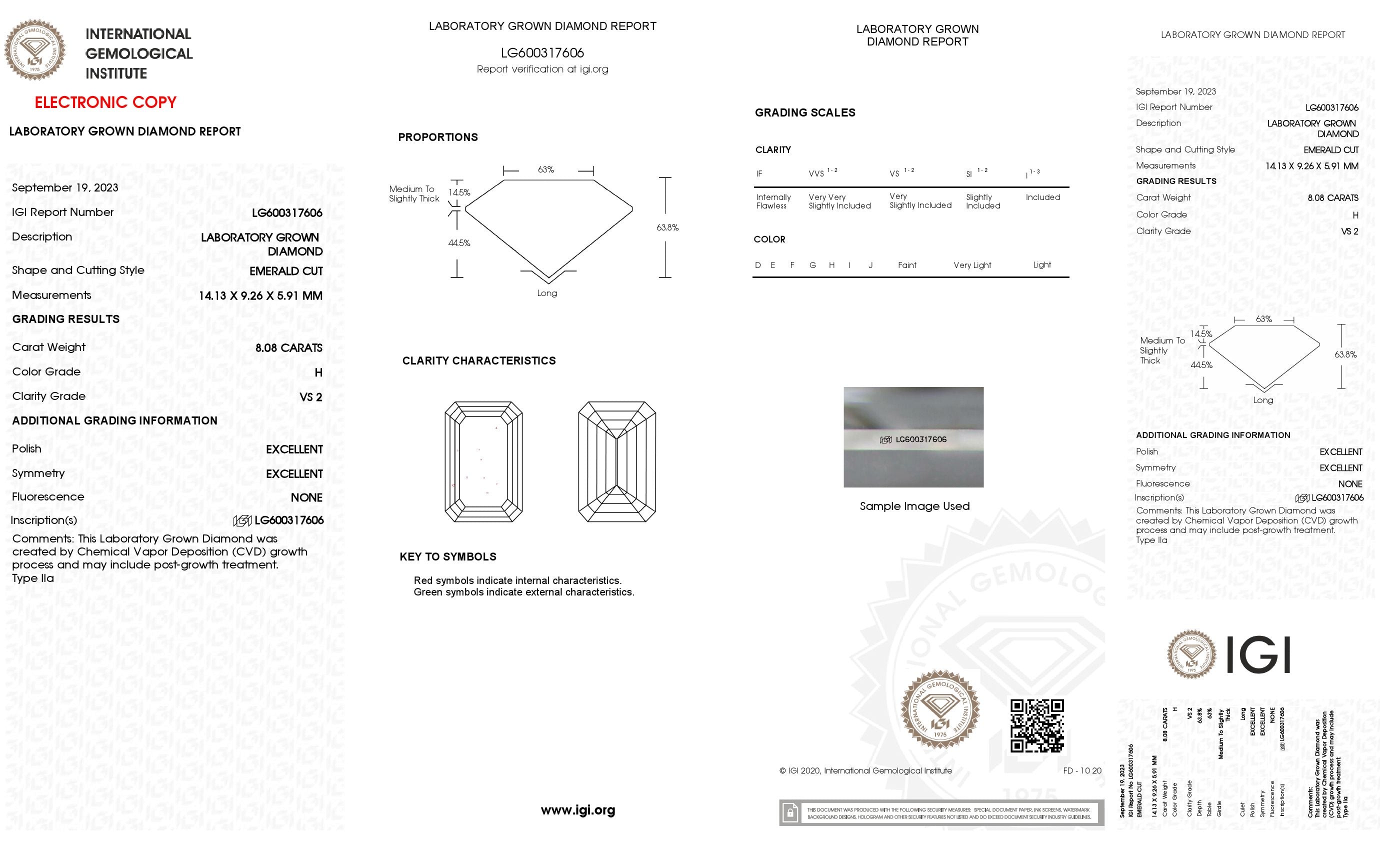 8.08 Ct. Emerald Wholesale IGI Certified Lab Grown Loose Diamond. (VS2 / H)