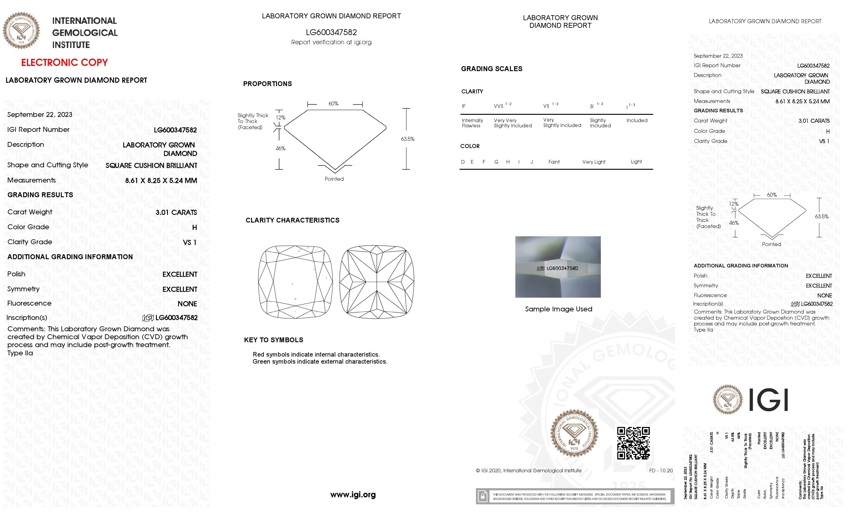 3.01 ct. Cushion Wholesale IGI Certified Lab Grown Loose Diamond. (VS1 / H)