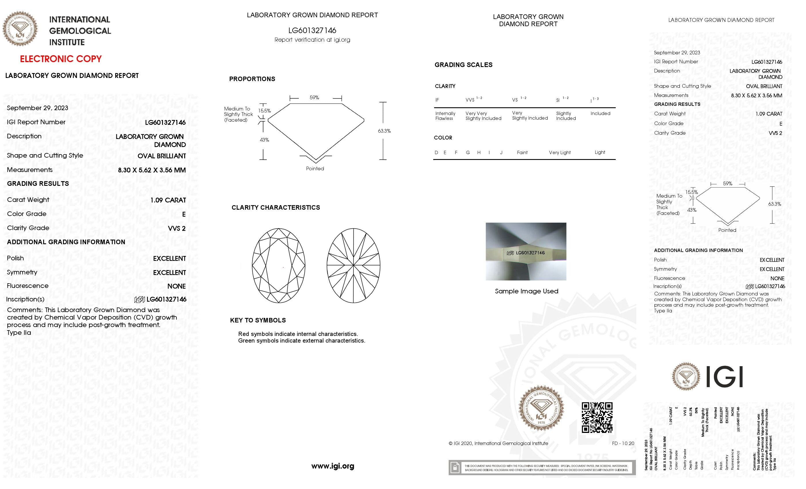 1.09 ct. Oval Wholesale IGI Certified Lab Grown Loose Diamond. (VVS2 / E)