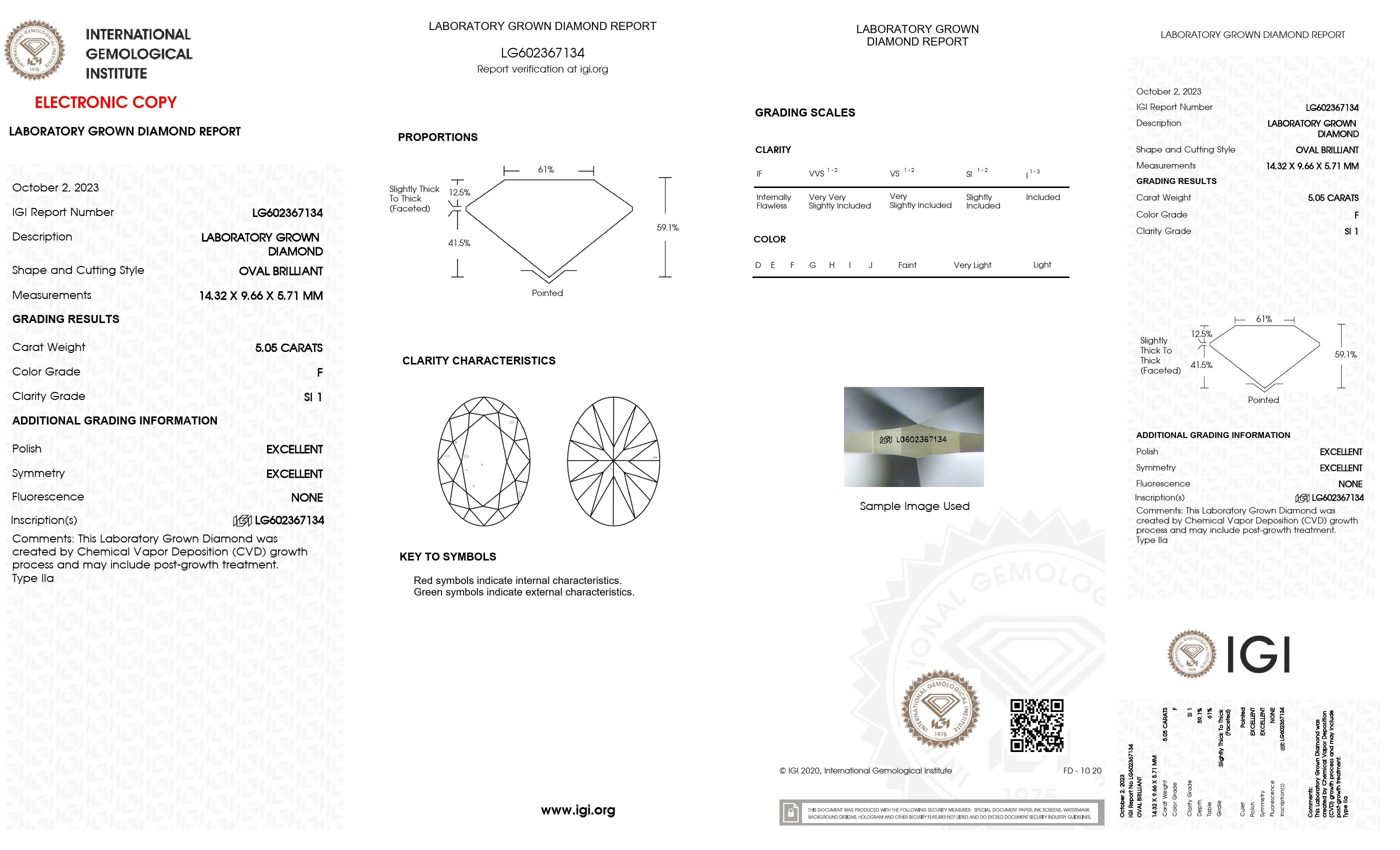 5.05 Ct. Oval Wholesale IGI Certified Lab Grown Loose Diamond. (SI1 / F)