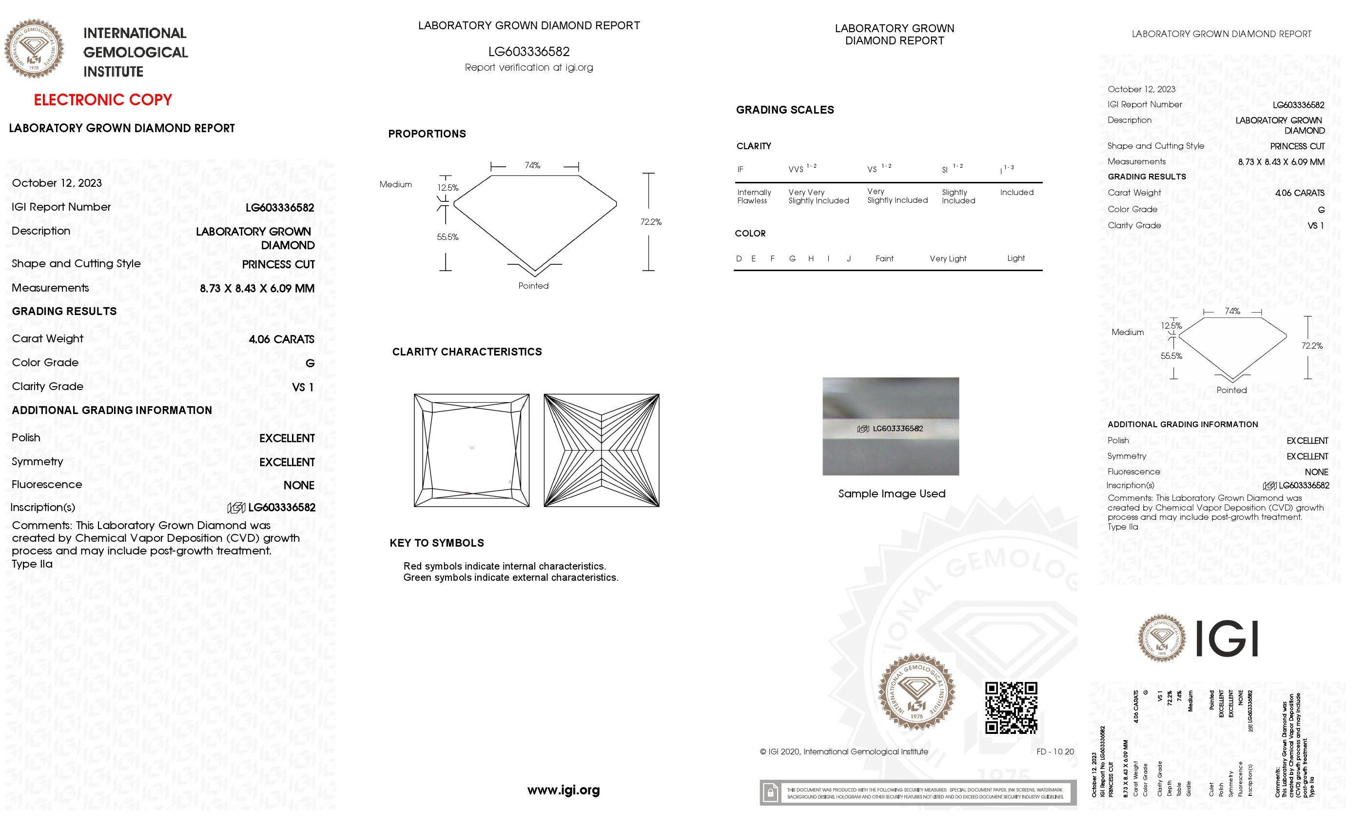 4.06 Ct. Princess Wholesale IGI Certified Lab Grown Loose Diamond. (VS1 / G)