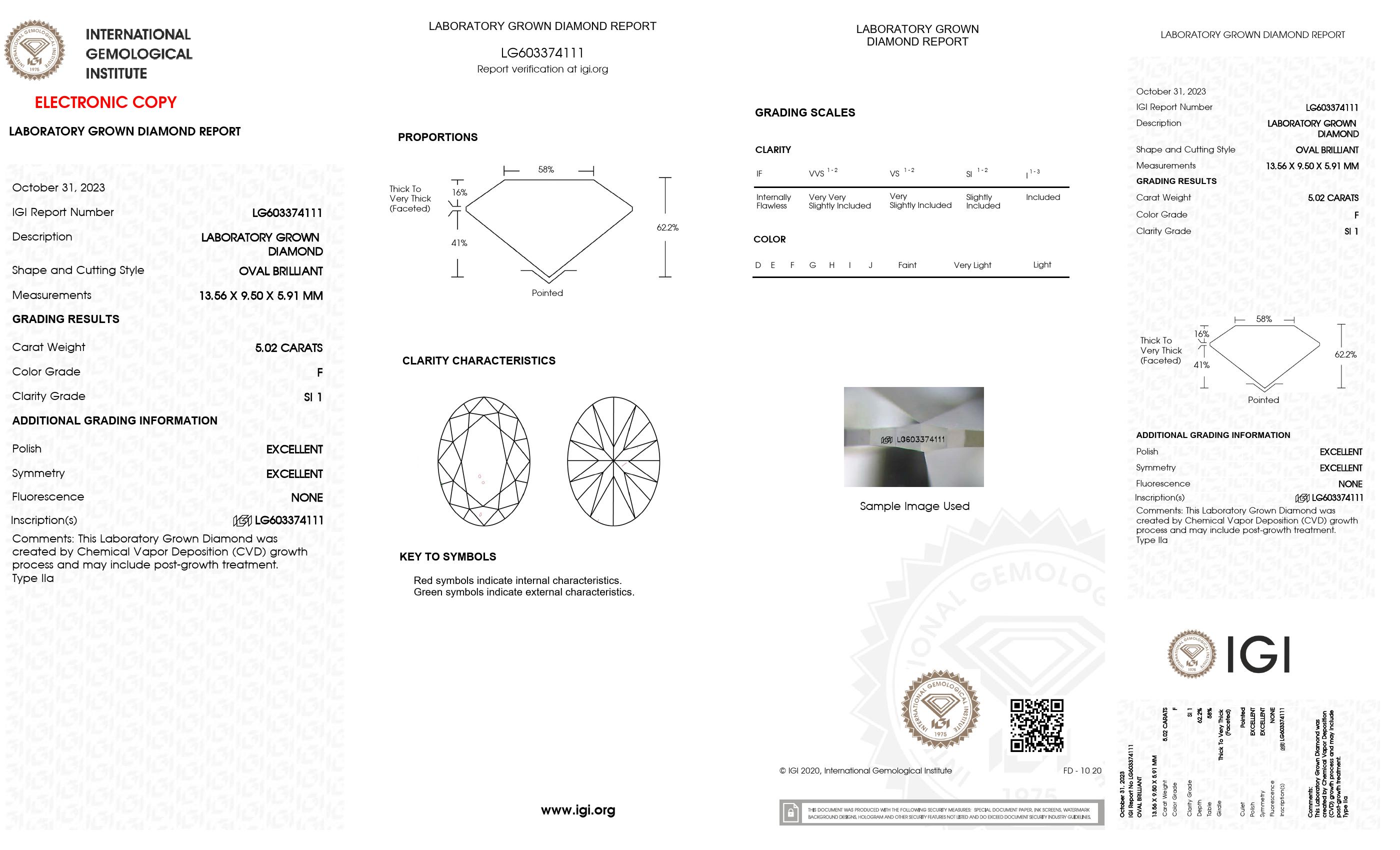 5.02 Ct. Oval Wholesale IGI Certified Lab Grown Loose Diamond. (SI1 / F)