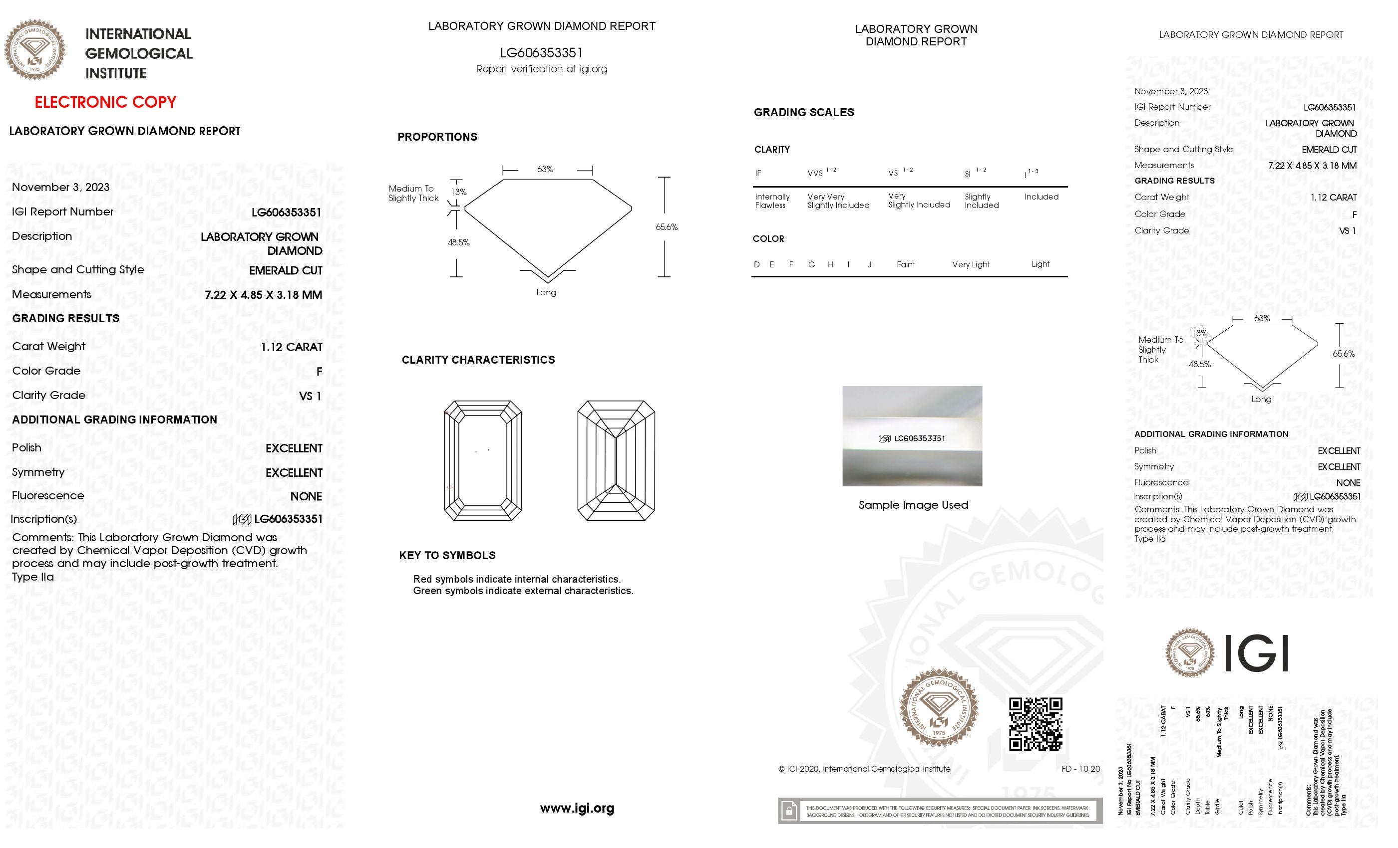 1.12 ct. Emerald Wholesale IGI Certified Lab Grown Loose Diamond. (VS1 / F)