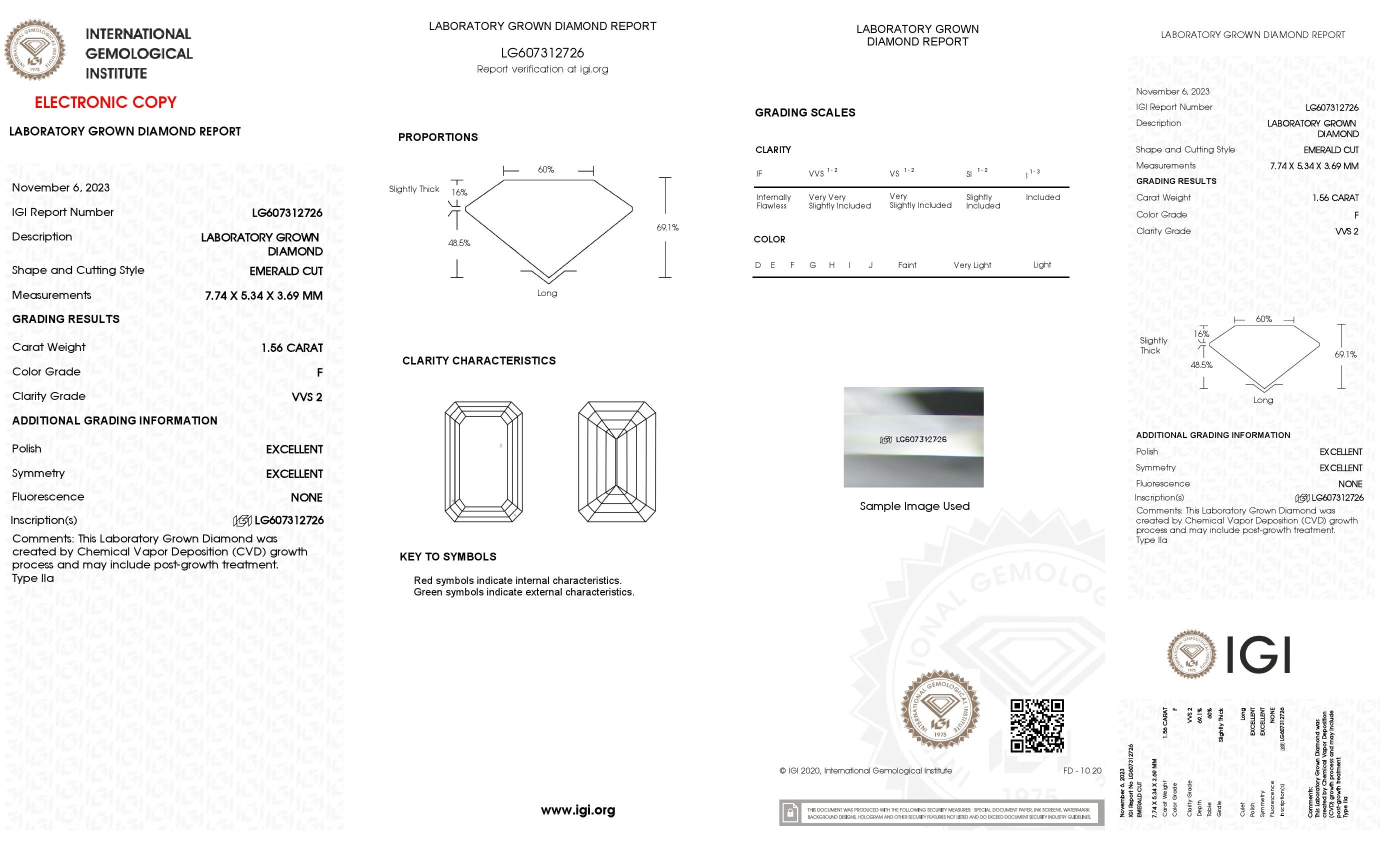 1.56 ct. Emerald Wholesale IGI Certified Lab Grown Loose Diamond. (VVS2 / F)