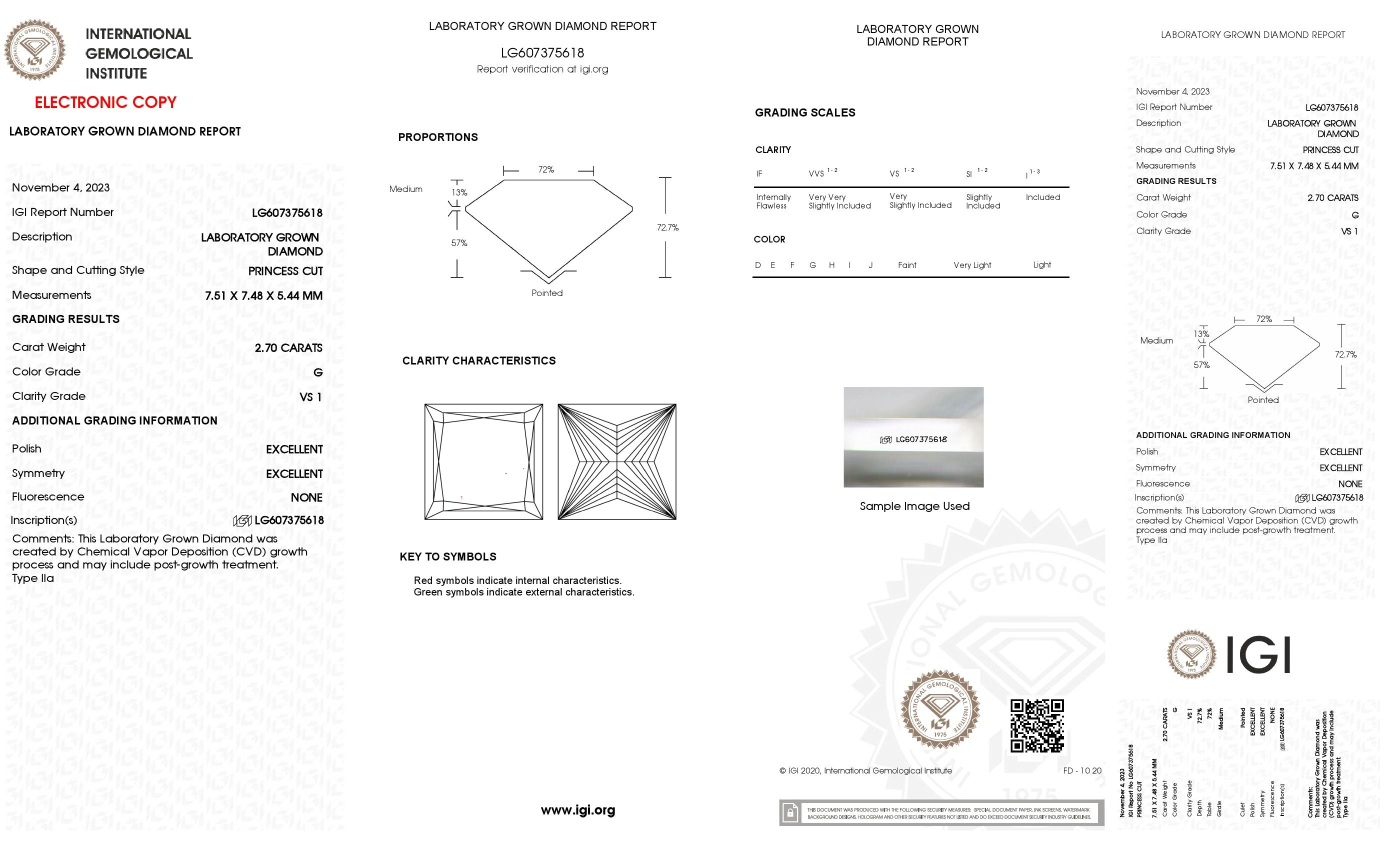 2.70 ct. Princess Wholesale IGI Certified Lab Grown Loose Diamond. (VS1 / G)