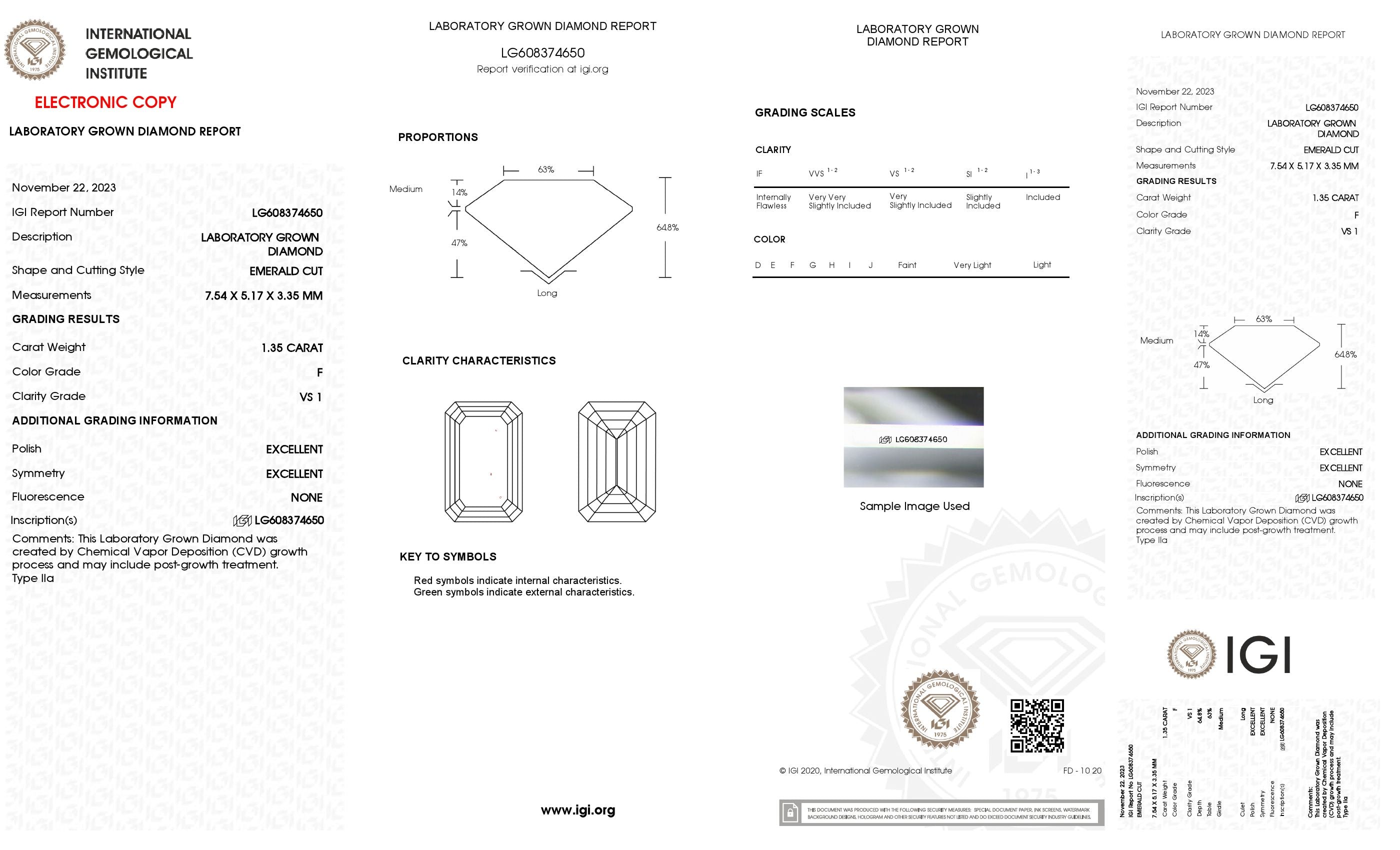 1.35 ct. Emerald Wholesale IGI Certified Lab Grown Loose Diamond. (VS1 / F)