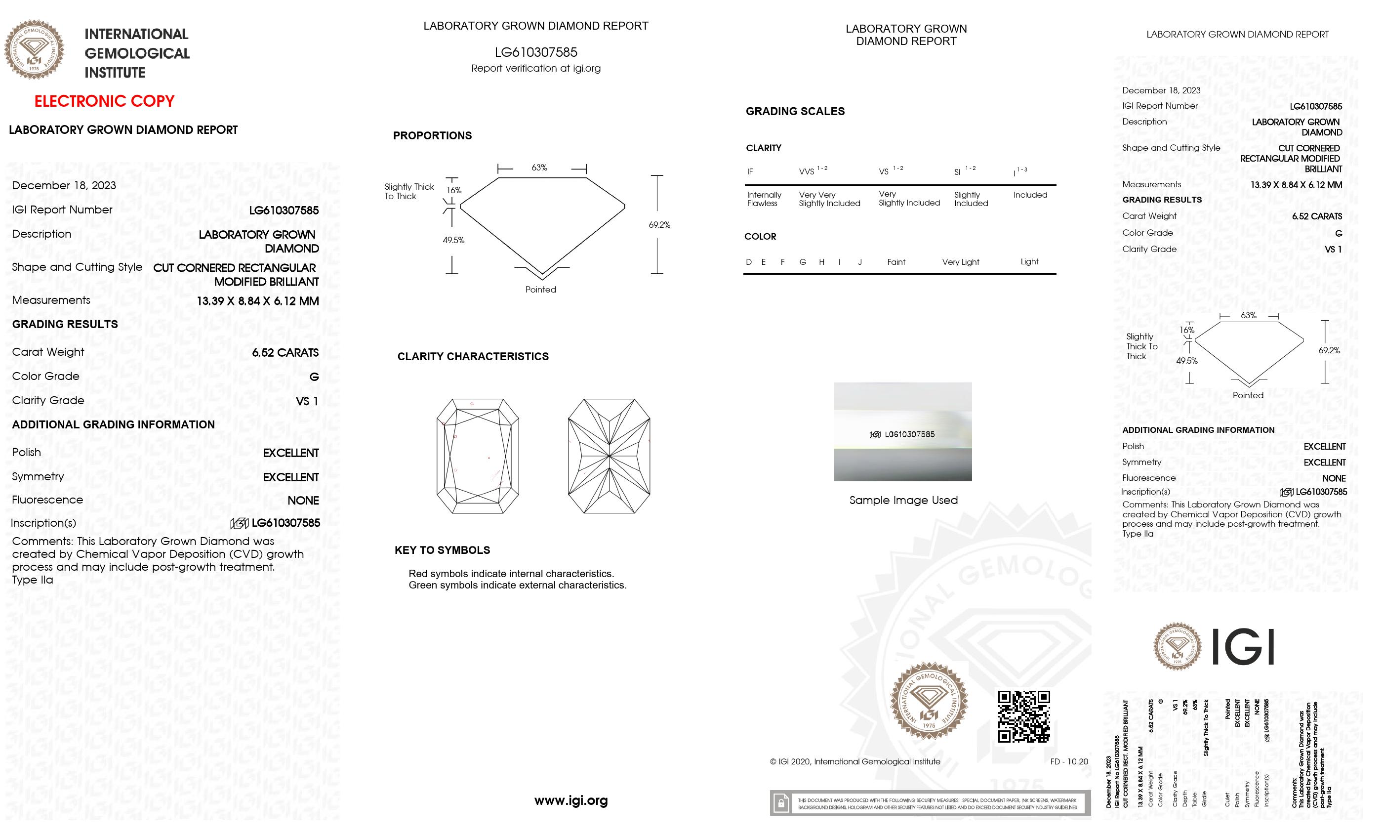 6.52 Ct. Radiant Wholesale IGI Certified Lab Grown Loose Diamond. (VS1 / G)