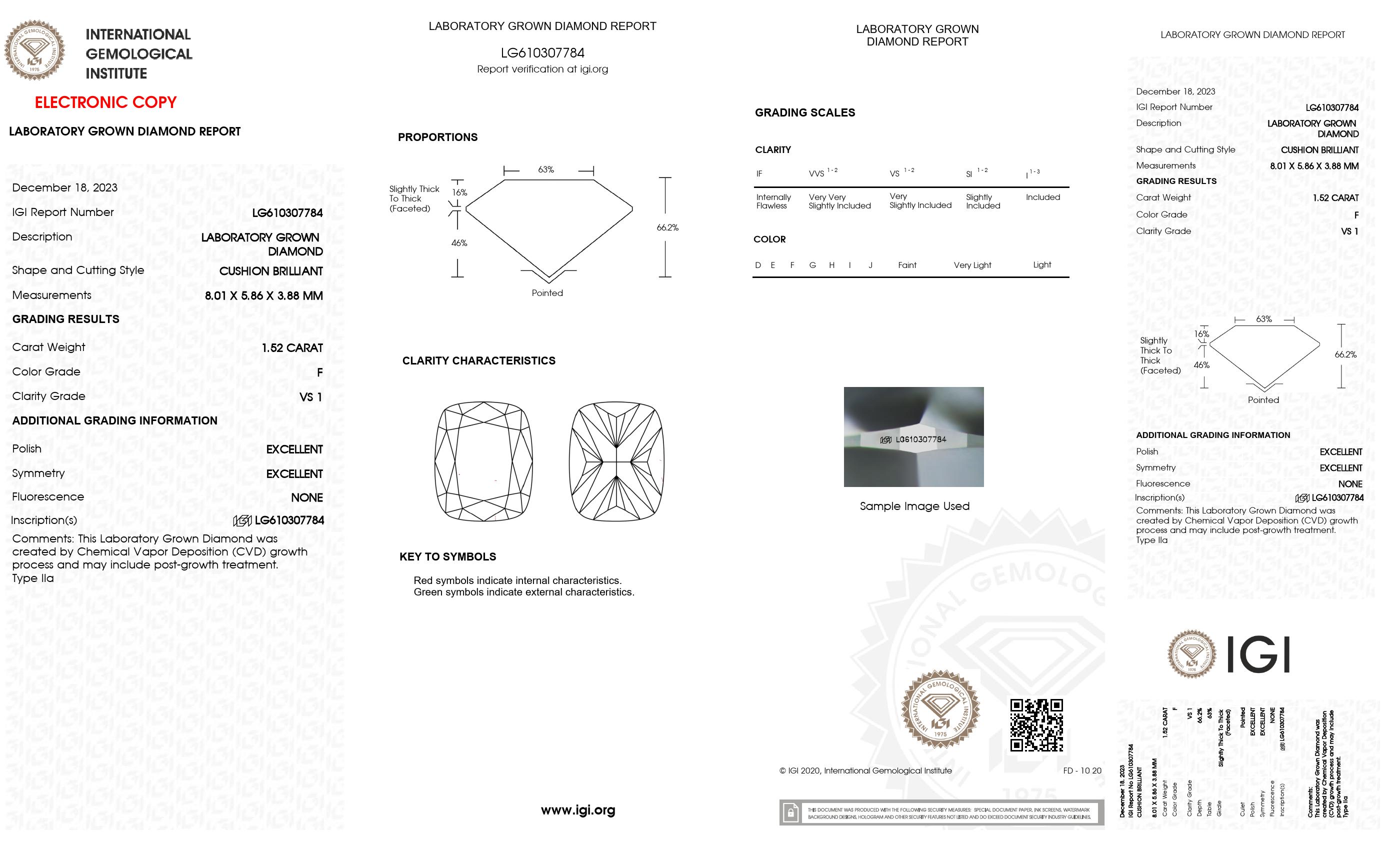 1.52 Ct. Cushion long Wholesale IGI Certified Lab Grown Loose Diamond. (VS1 / F)