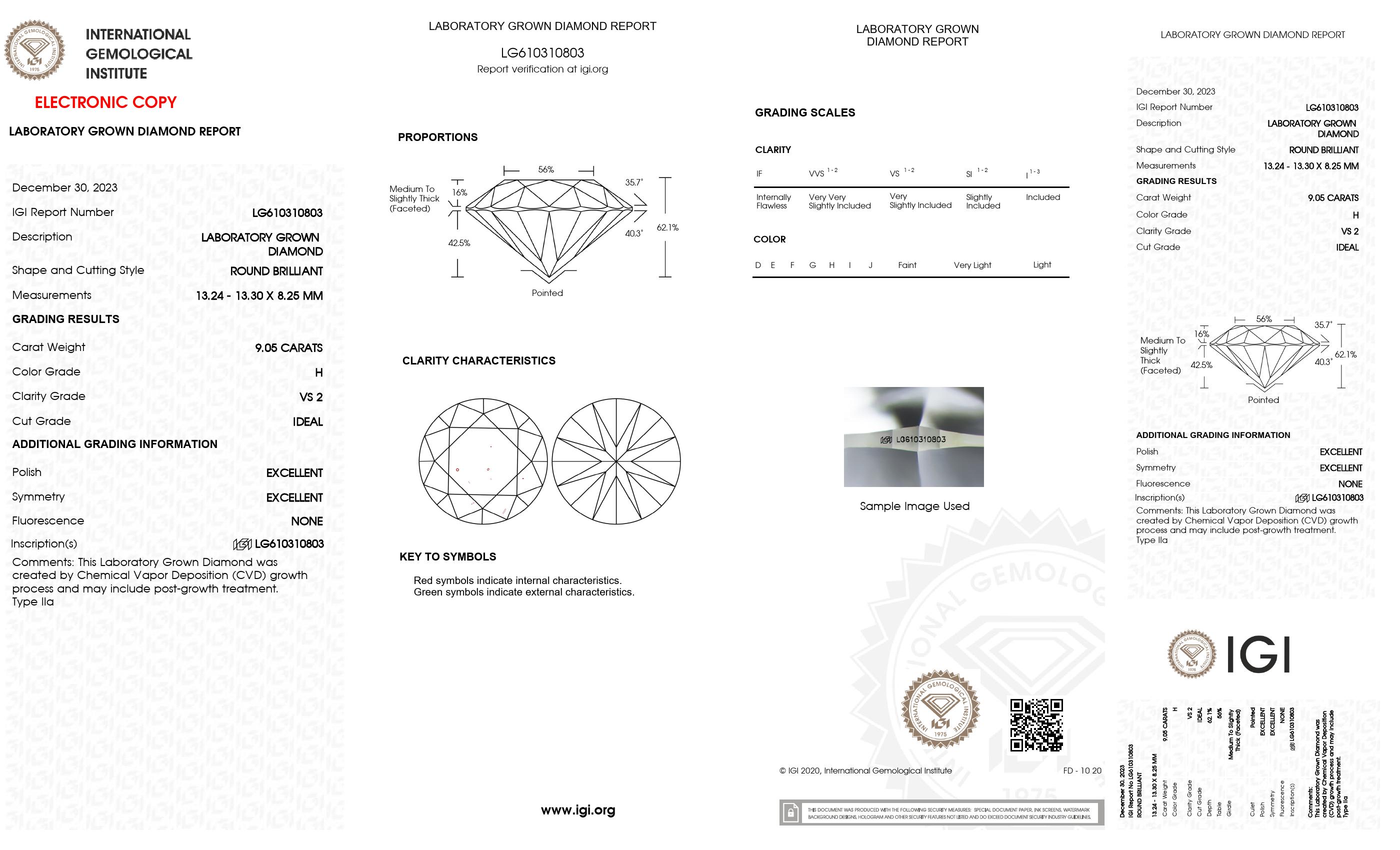 9.05 ct. Round Wholesale IGI Certified Lab Grown Loose Diamond. (VS2 / H)