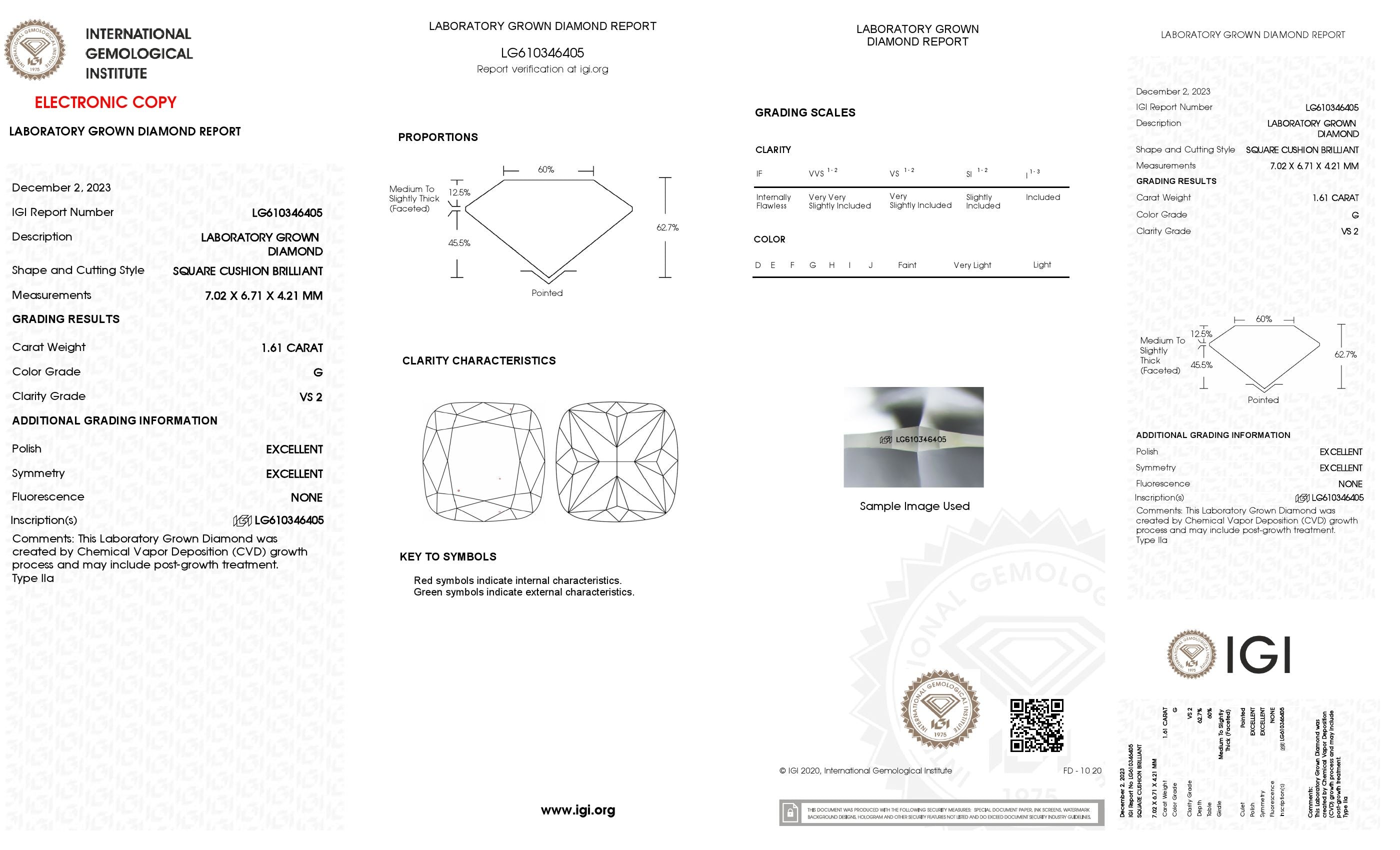 1.61 ct. Cushion Wholesale IGI Certified Lab Grown Loose Diamond. (VS2 / G)