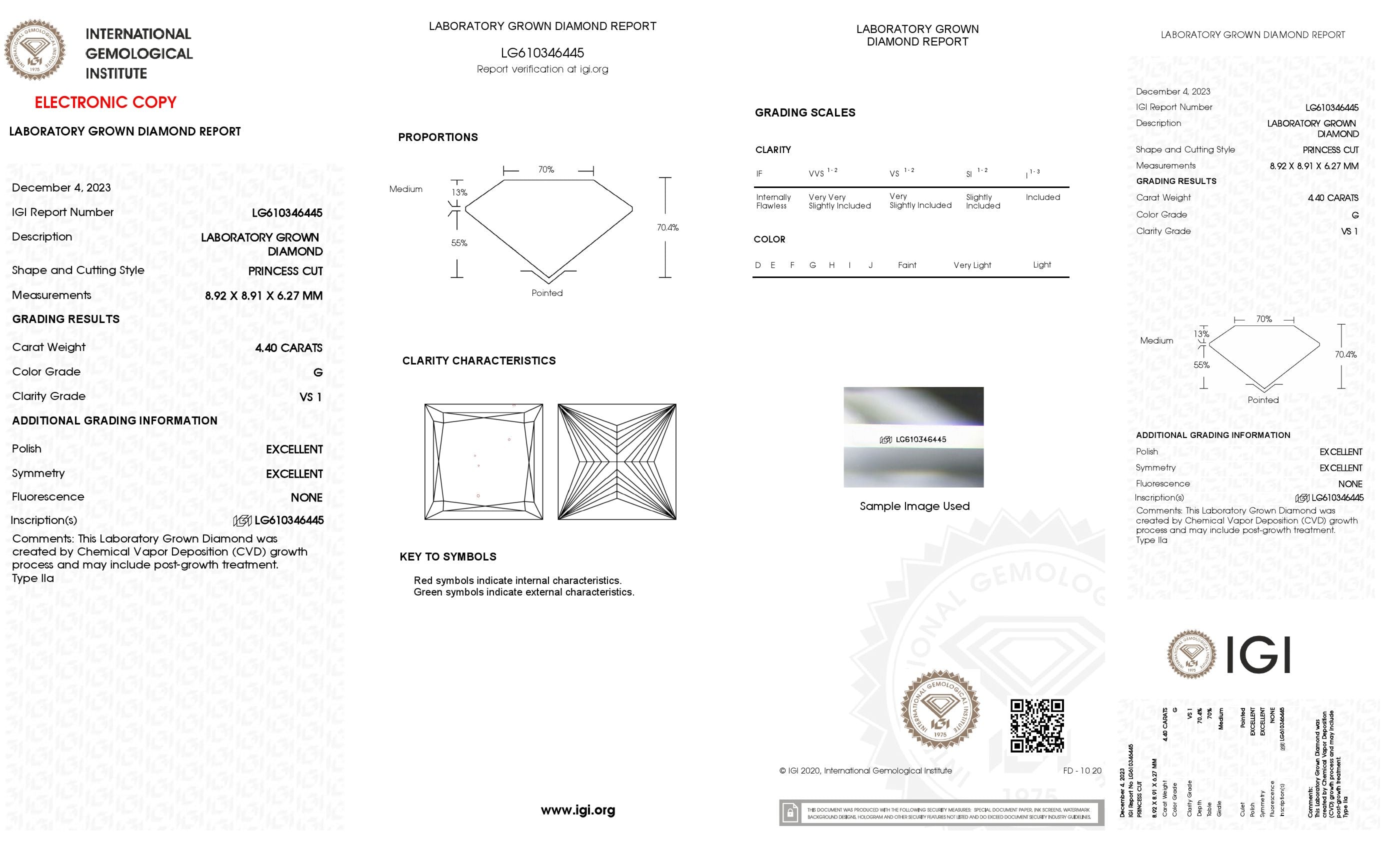 4.4 Ct. Princess Wholesale IGI Certified Lab Grown Loose Diamond. (VS1 / G)