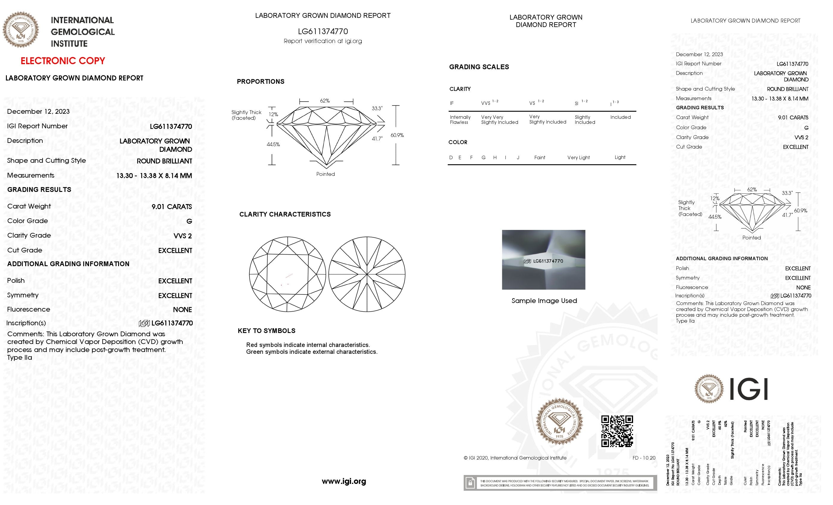 9.01 Ct. Round Wholesale IGI Certified Lab Grown Loose Diamond. (VVS2 / G)