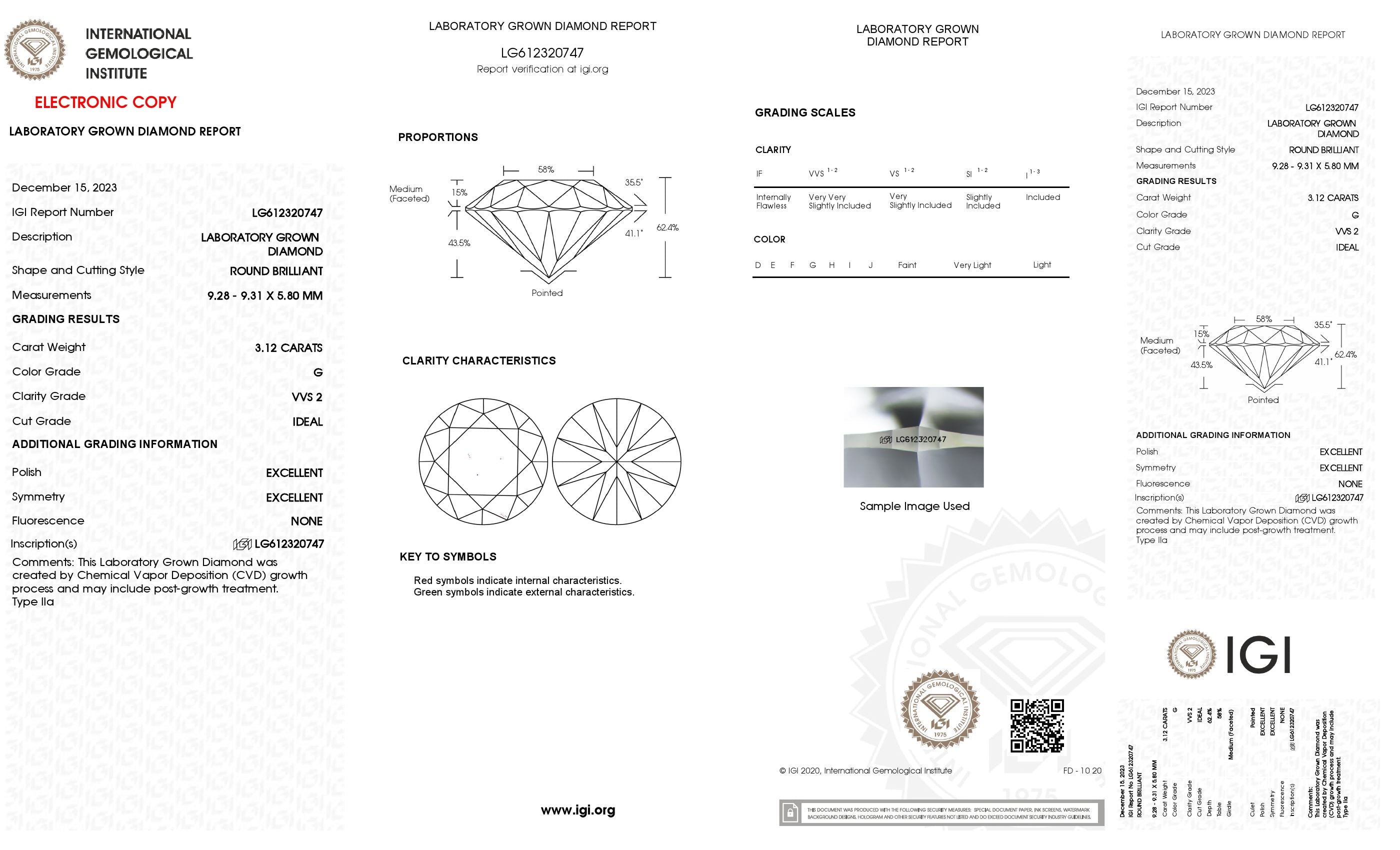 3.12 Ct. Round Wholesale IGI Certified Lab Grown Loose Diamond. (VVS2 / G)