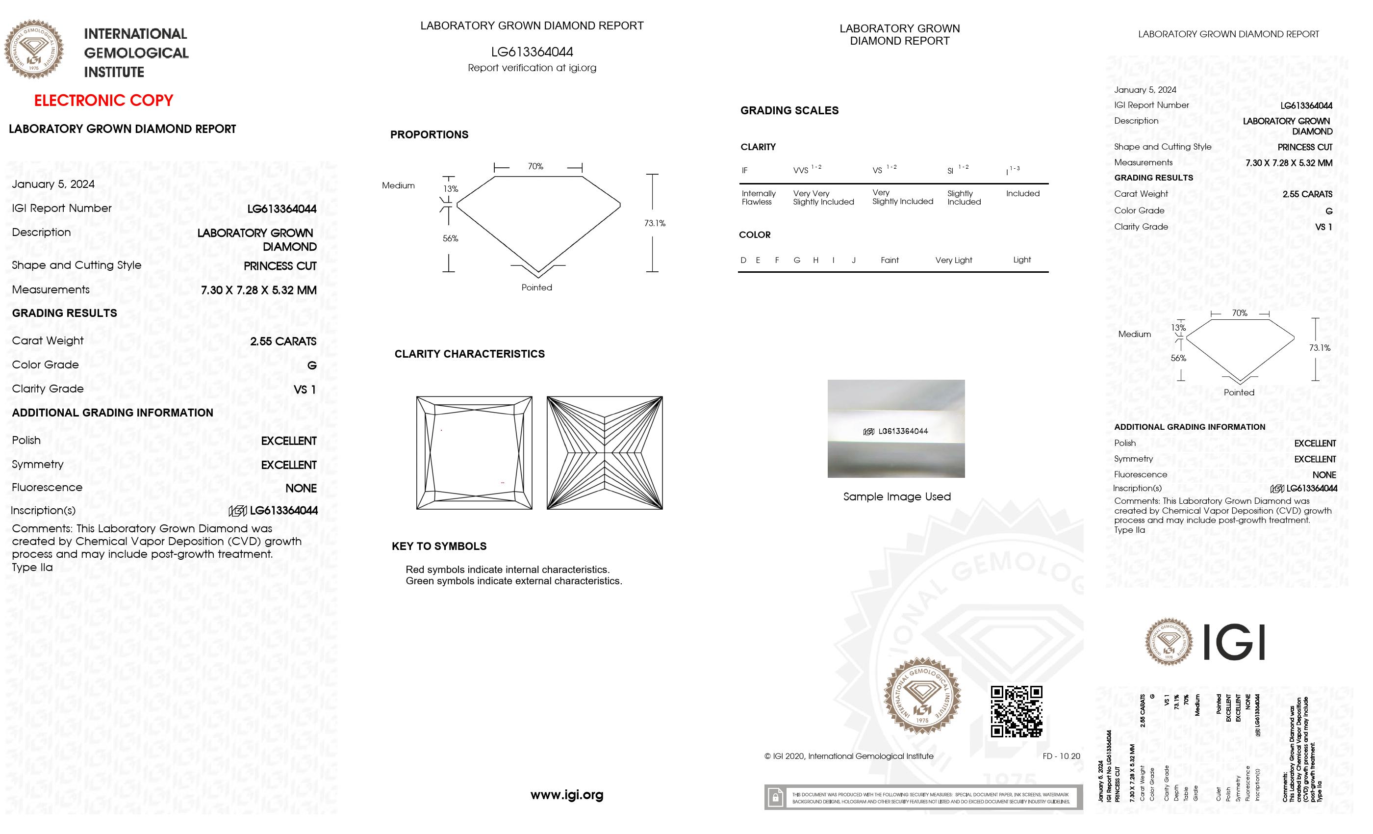 2.55 Ct. Princess Wholesale IGI Certified Lab Grown Loose Diamond. (VS1 / G)
