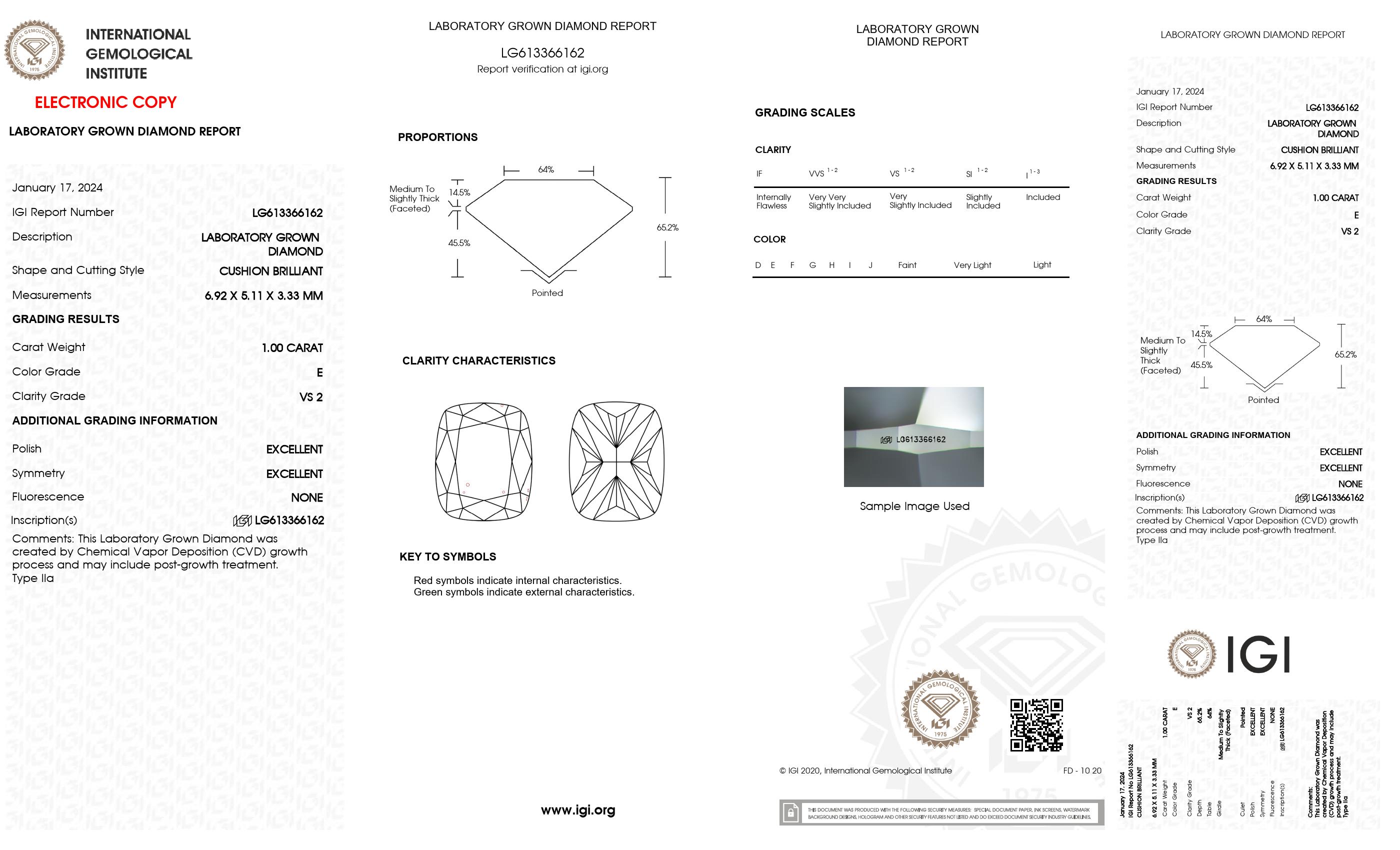 1.00 ct. Cushion Long Wholesale IGI Certified Lab Grown Loose Diamond. (VS2 / E)