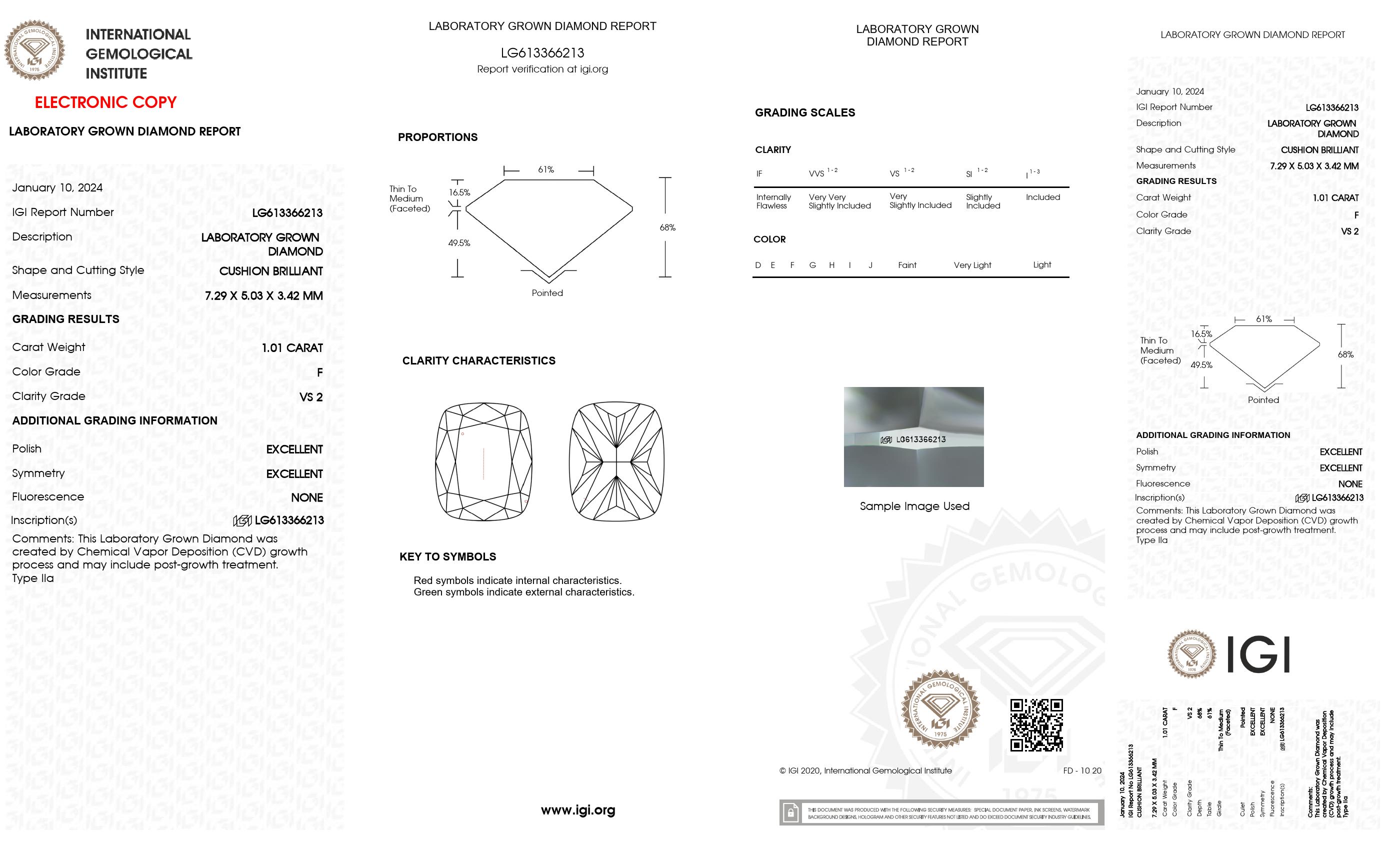 1.01 ct. Cushion Long Wholesale IGI Certified Lab Grown Loose Diamond. (VS2 / F)