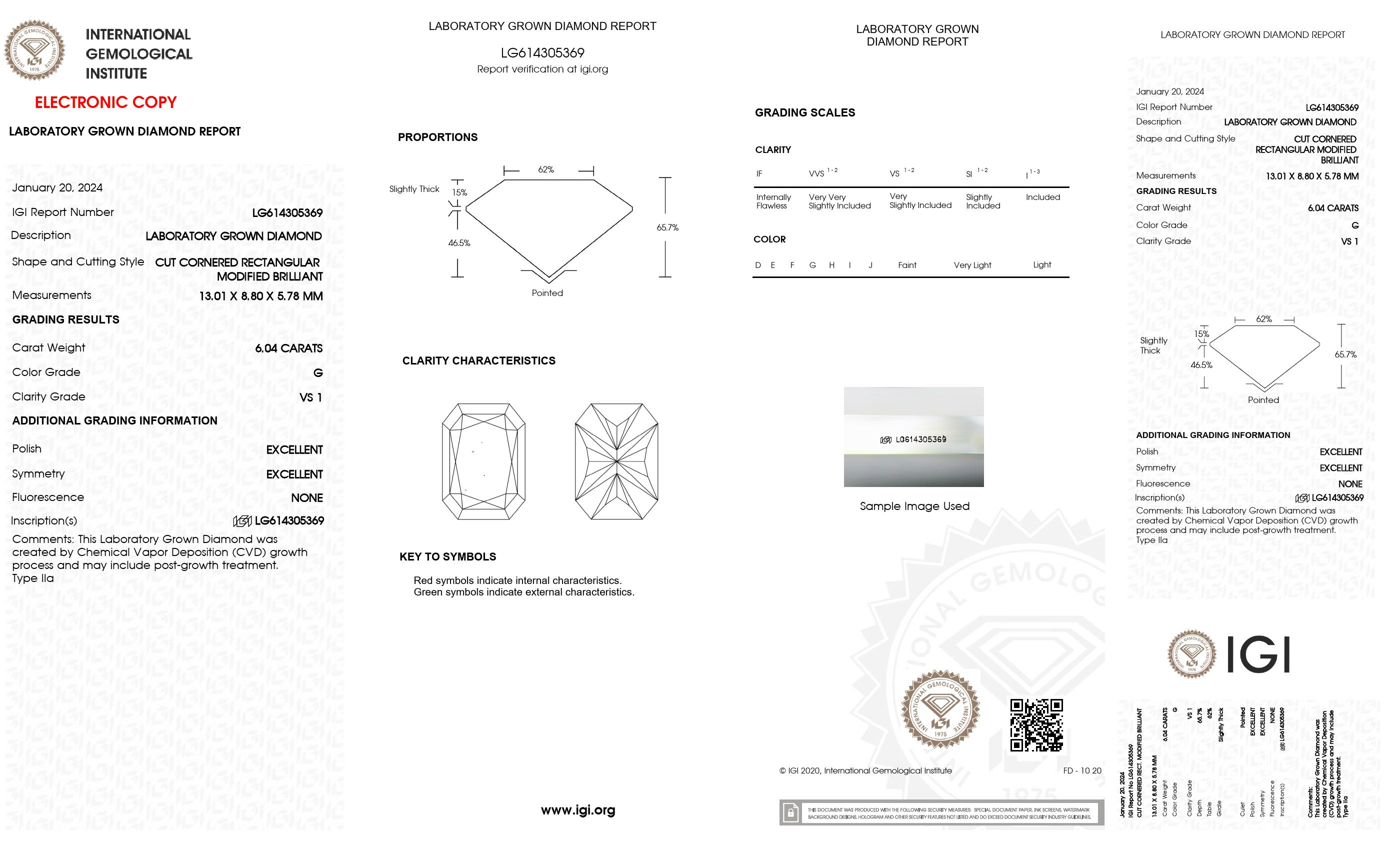 6.04 Ct. Radiant Wholesale IGI Certified Lab Grown Loose Diamond. (VS1 / G)