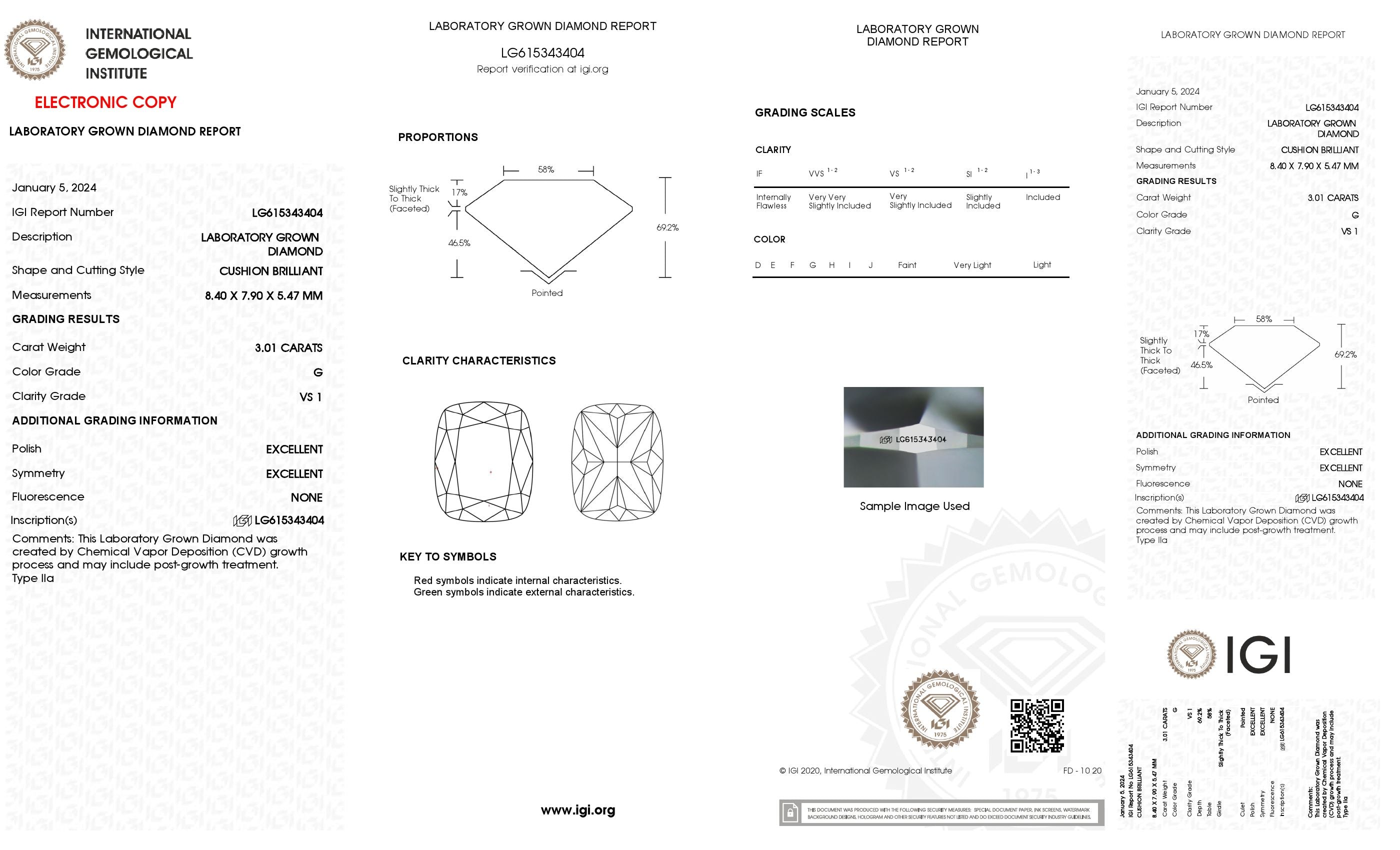 3.01 Ct. Cushion Wholesale IGI Certified Lab Grown Loose Diamond. (VS1 / G)