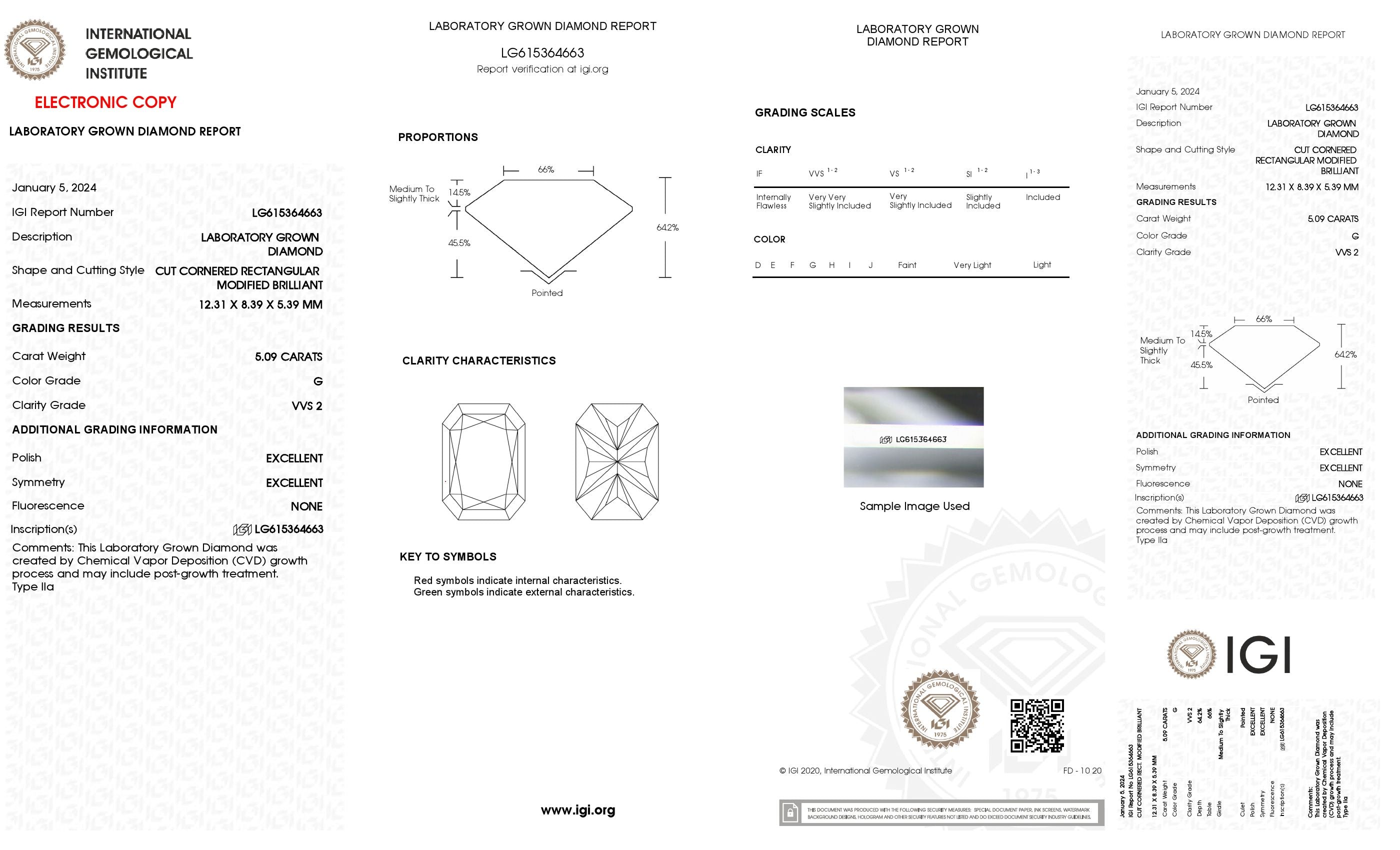 5.09 Ct. Radiant Wholesale IGI Certified Lab Grown Loose Diamond. (VVS2 / G)