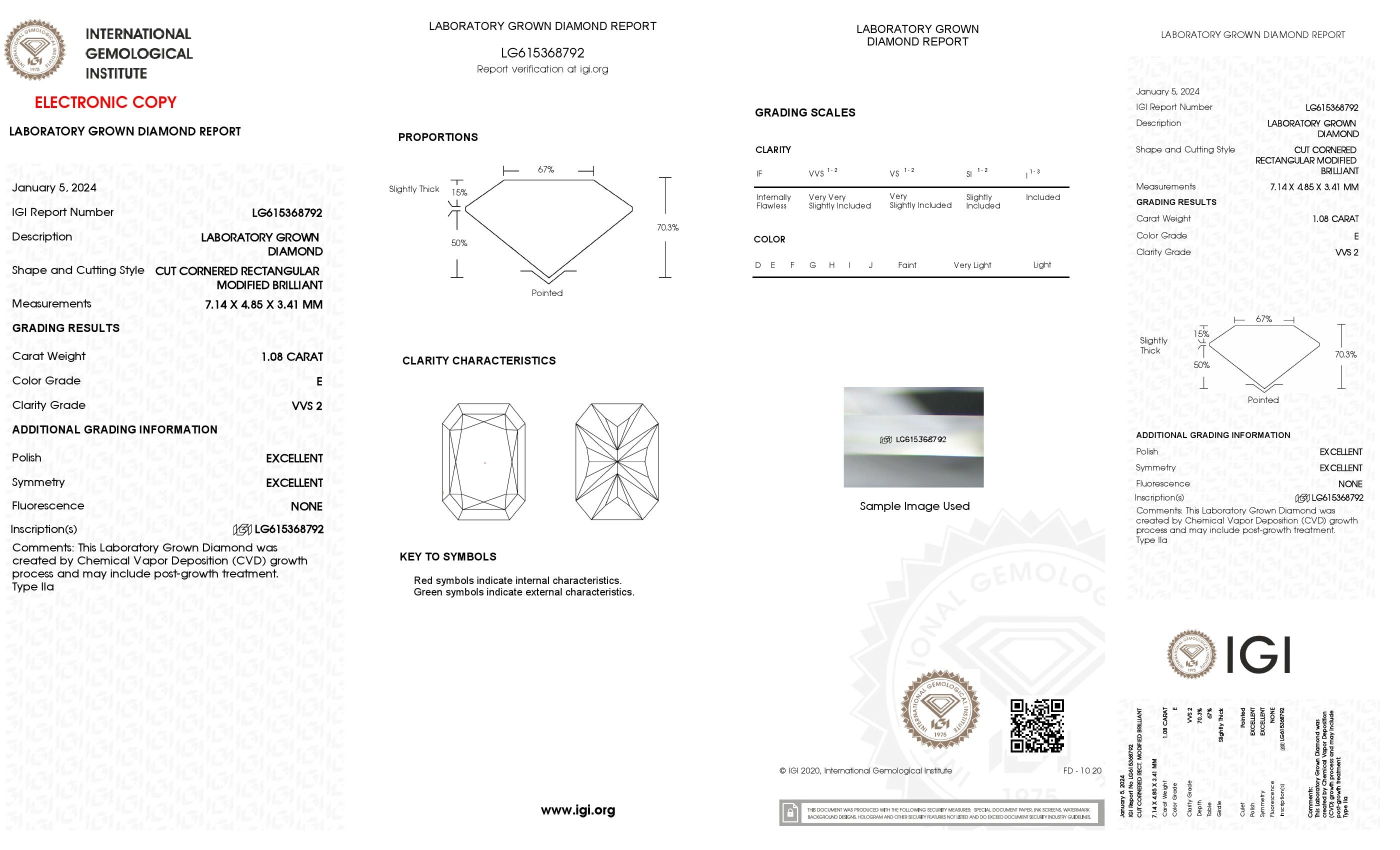 1.08 Ct. Radiant Wholesale IGI Certified Lab Grown Loose Diamond. (VVS2 / E)