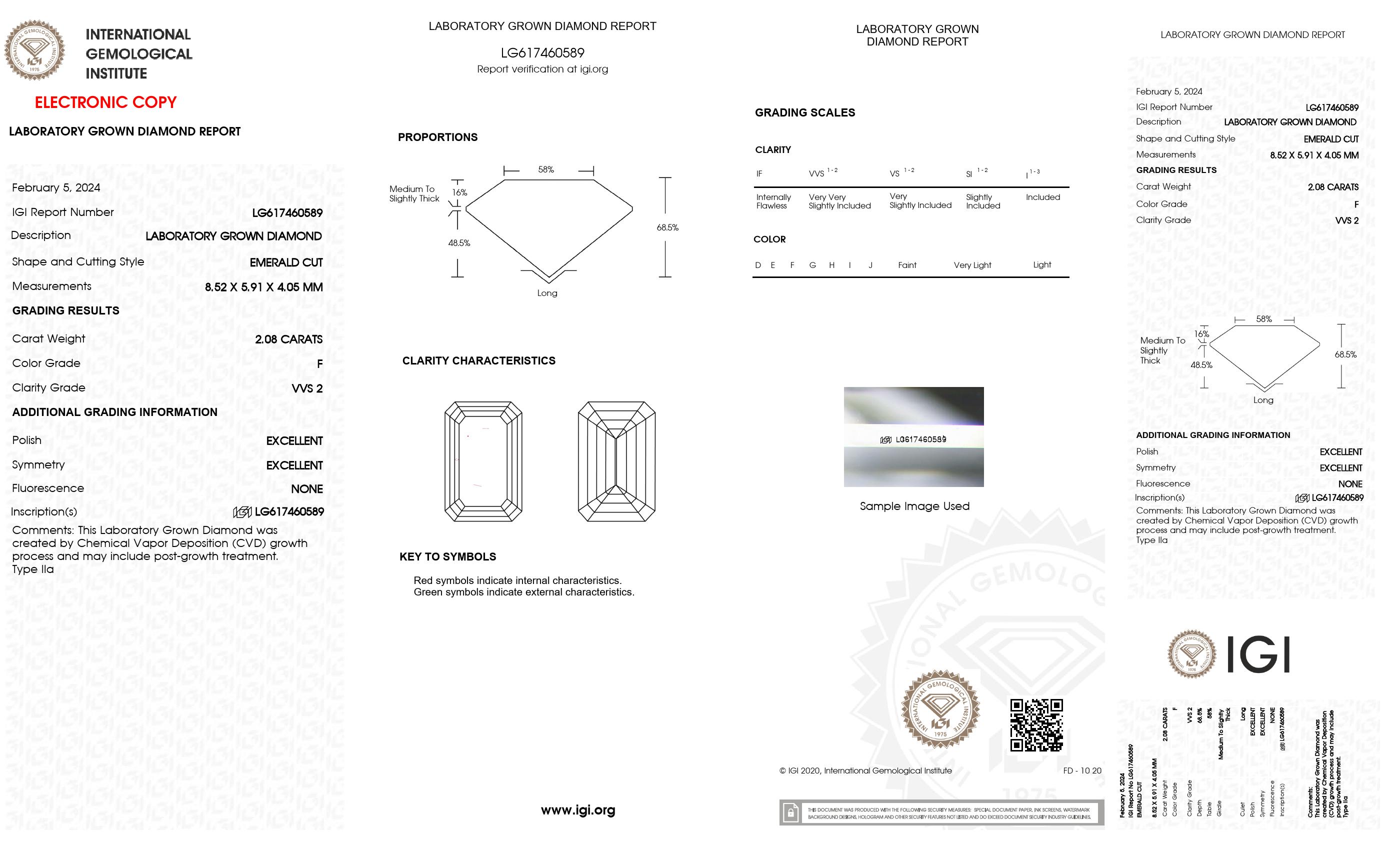 2.08 ct. Emerald Wholesale IGI Certified Lab Grown Loose Diamond. (VVS2 / F)