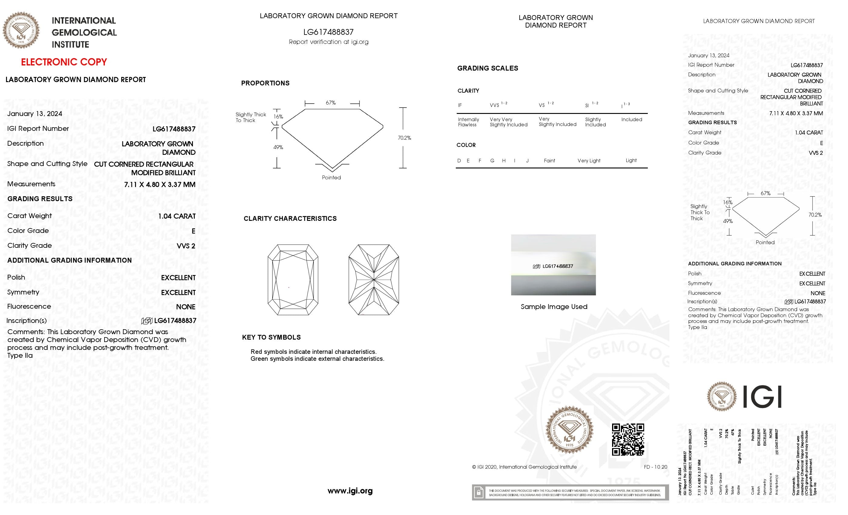 1.04 ct. Radiant Wholesale IGI Certified Lab Grown Loose Diamond. (VVS2 / E)